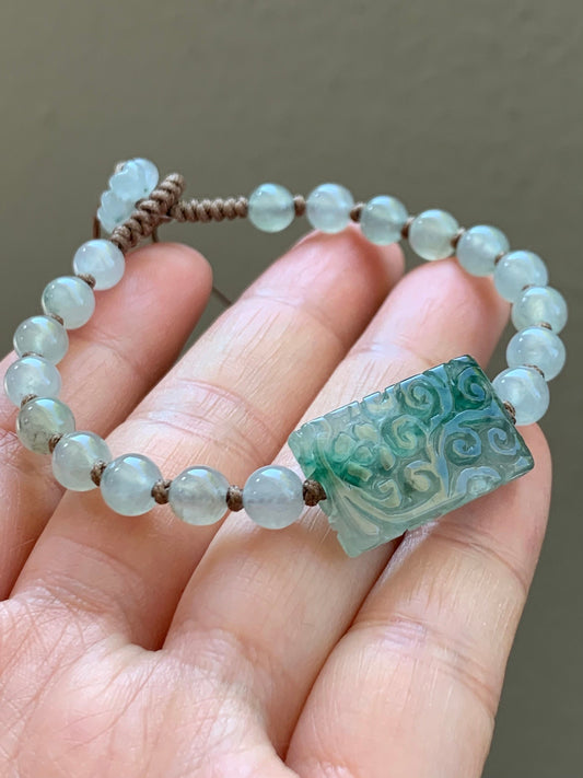 Natural Burmese Icy Highly Translucent Green Marbled Jadeite Engraved Bead & Round Beads Beaded Bracelet 6.25” 天然缅甸冰胶飘绿花翡翠冰翡翠珠手串