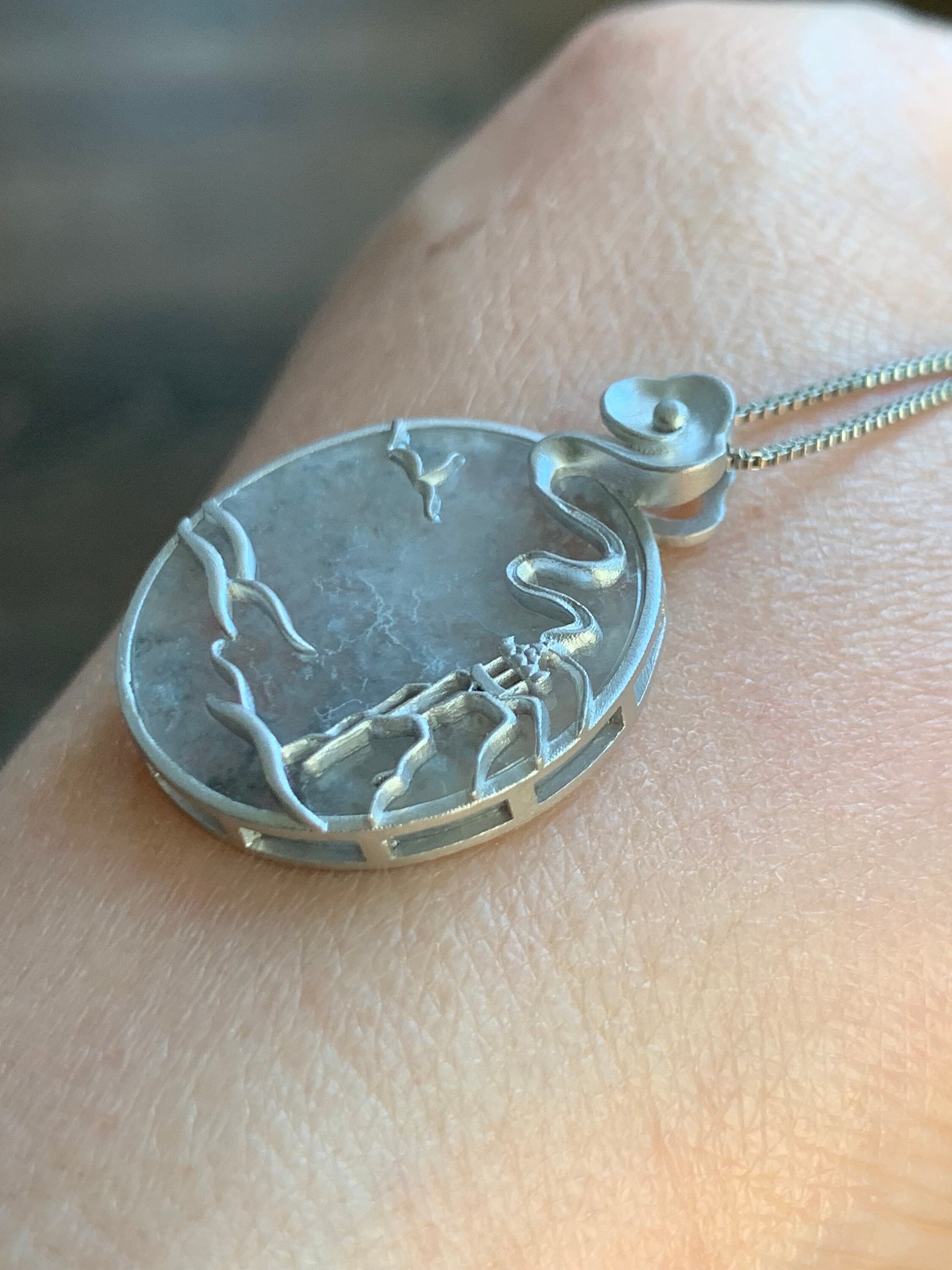 Certified Natural Burmese Moxisha Icy Highly Translucent Wuji Jadeite Round Pendant Wu Shi Pai Sterling Silver 天然缅甸莫西沙冰乌鸡翡翠无事牌镶嵌吊坠 1657