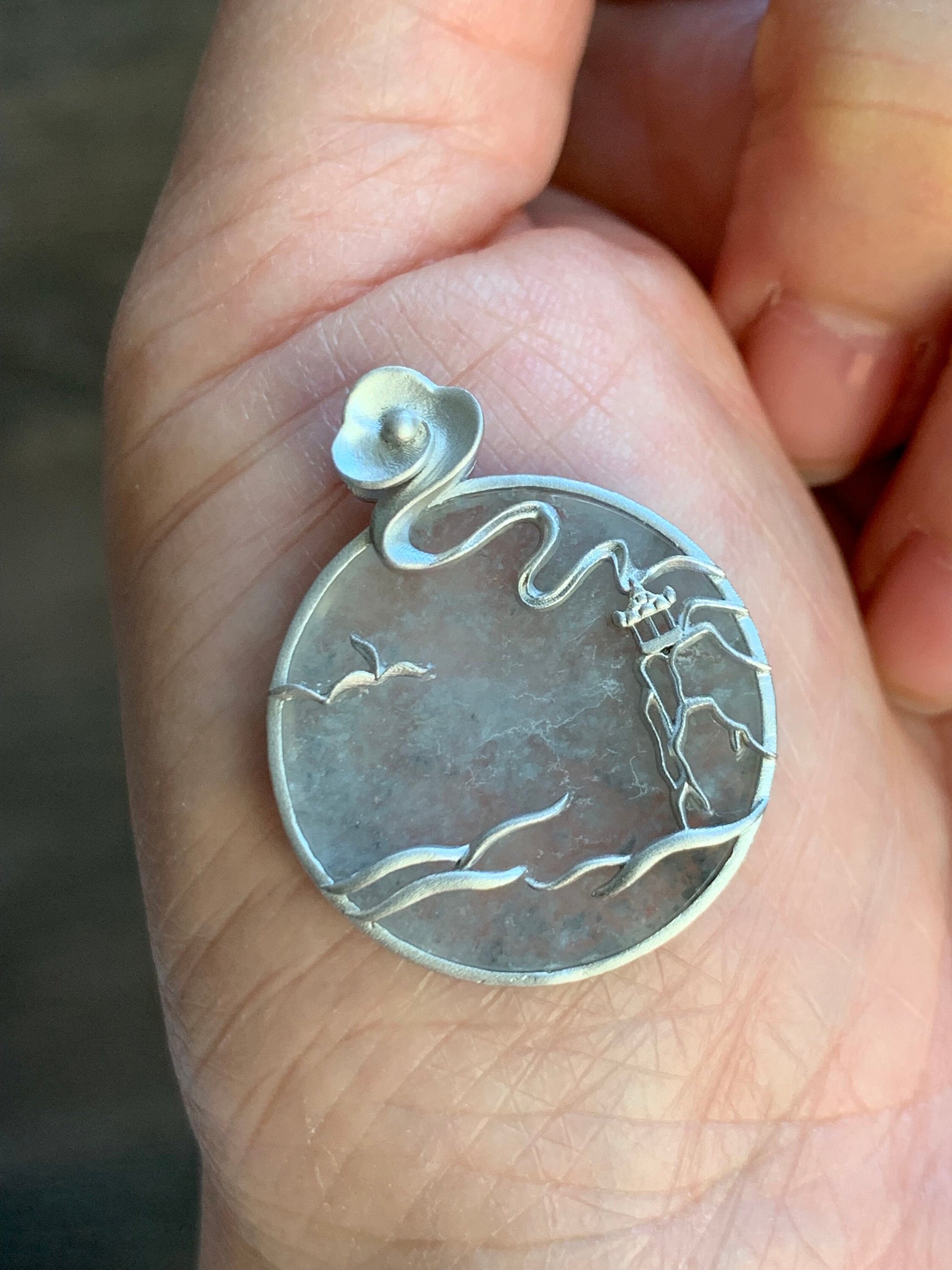 Certified Natural Burmese Moxisha Icy Highly Translucent Wuji Jadeite Round Pendant Wu Shi Pai Sterling Silver 天然缅甸莫西沙冰乌鸡翡翠无事牌镶嵌吊坠 1657