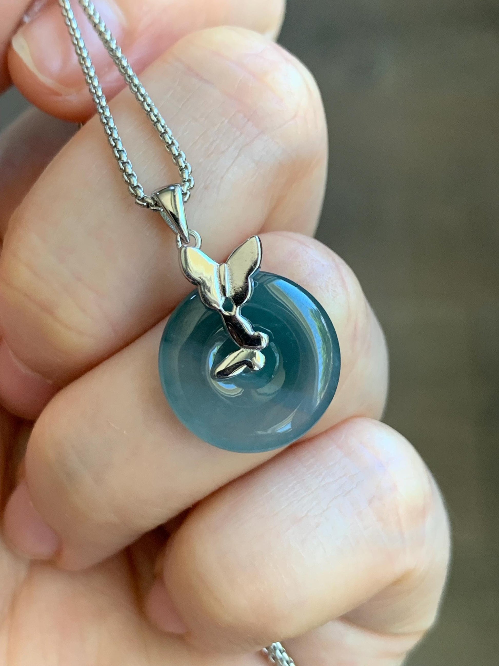Natural Guatemalan Icy Translucent Bicolored Blue Jadeite Ping An Kou Donut Pendant Butterfly Silver Sterling 天然老种冰危蓝紫双色翡翠平安扣蝴蝶款吊坠 HDQA