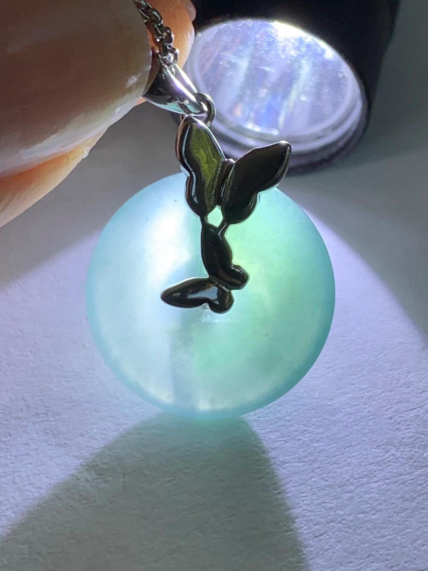 Natural Guatemalan Icy Translucent Bicolored Blue Jadeite Ping An Kou Donut Pendant Butterfly Silver Sterling 天然老种冰危蓝紫双色翡翠平安扣蝴蝶款吊坠 HDQA