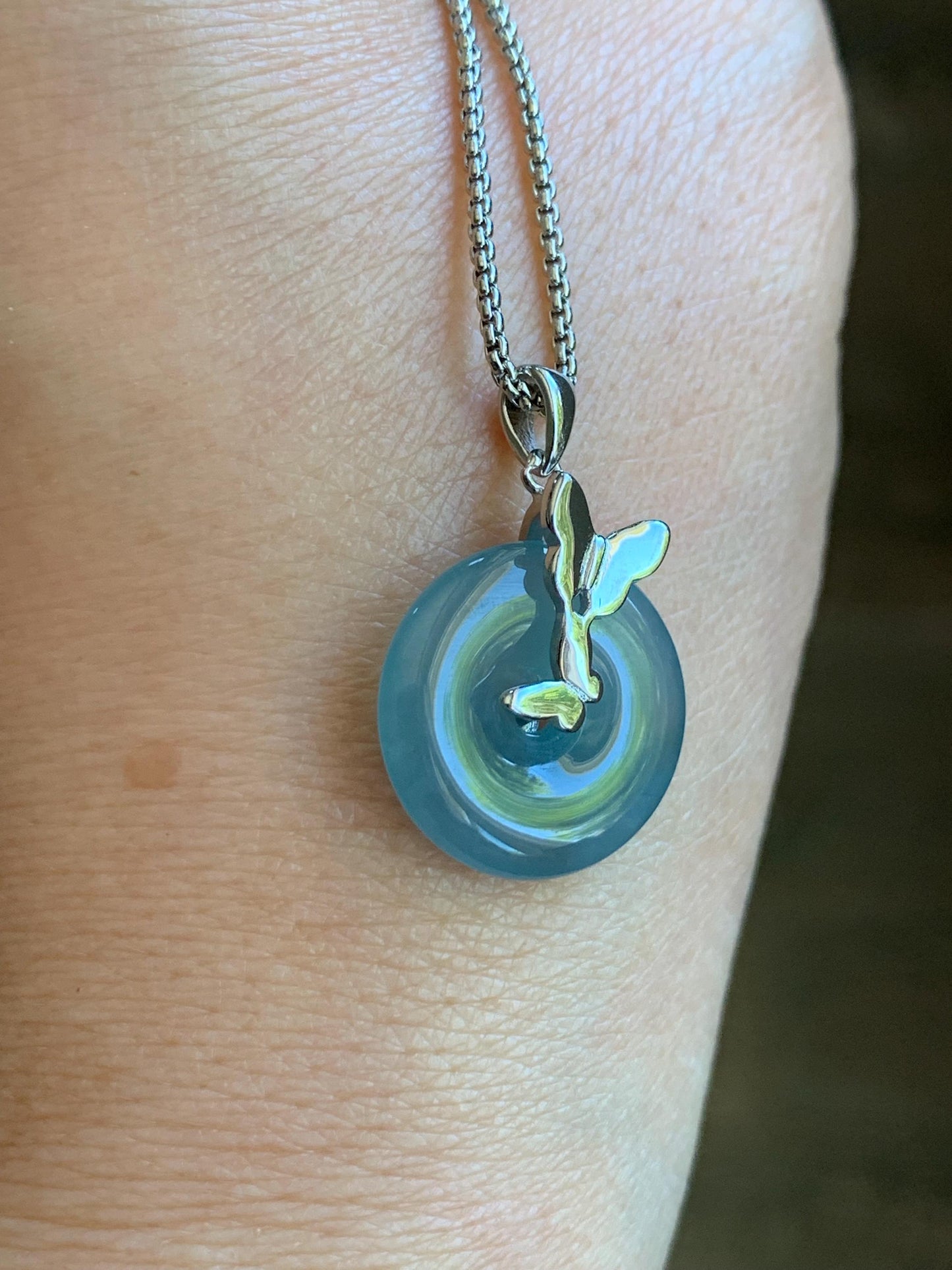 Natural Guatemalan Icy Translucent Bicolored Dusty Blue Jadeite Ping An Kou Donut Pendant Butterfly Silver Sterling 天然老种冰危蓝翡翠平安扣蝴蝶款吊坠 HDQB