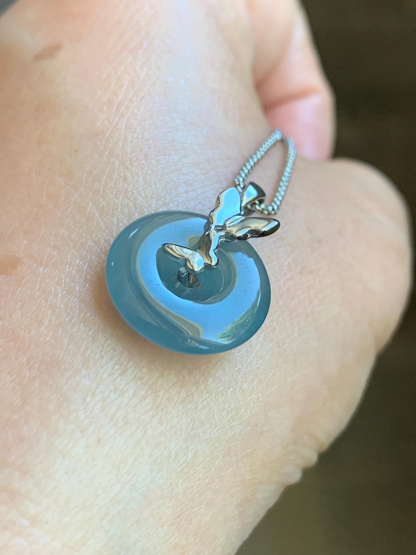 Natural Guatemalan Icy Translucent Bicolored Dusty Blue Jadeite Ping An Kou Donut Pendant Butterfly Silver Sterling 天然老种冰危蓝翡翠平安扣蝴蝶款吊坠 HDQB