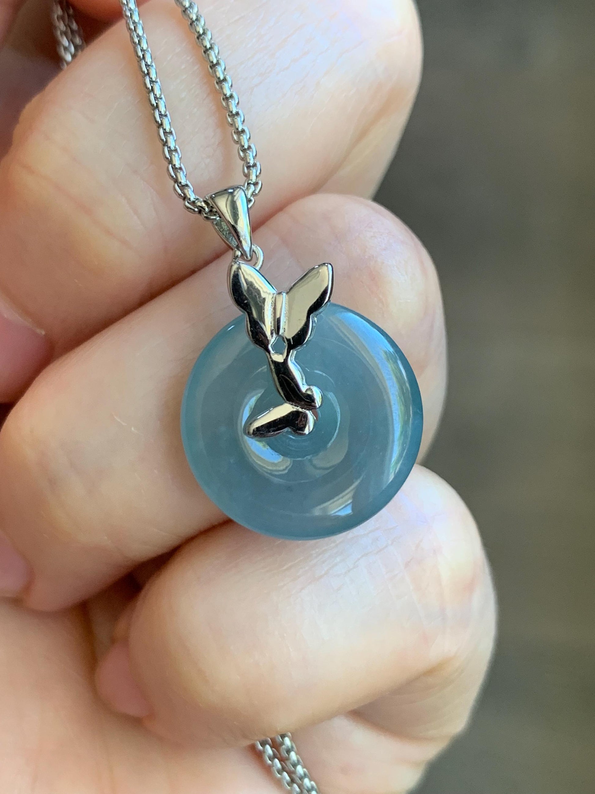 Natural Guatemalan Icy Translucent Bicolored Dusty Blue Jadeite Ping An Kou Donut Pendant Butterfly Silver Sterling 天然老种冰危蓝翡翠平安扣蝴蝶款吊坠 HDQB
