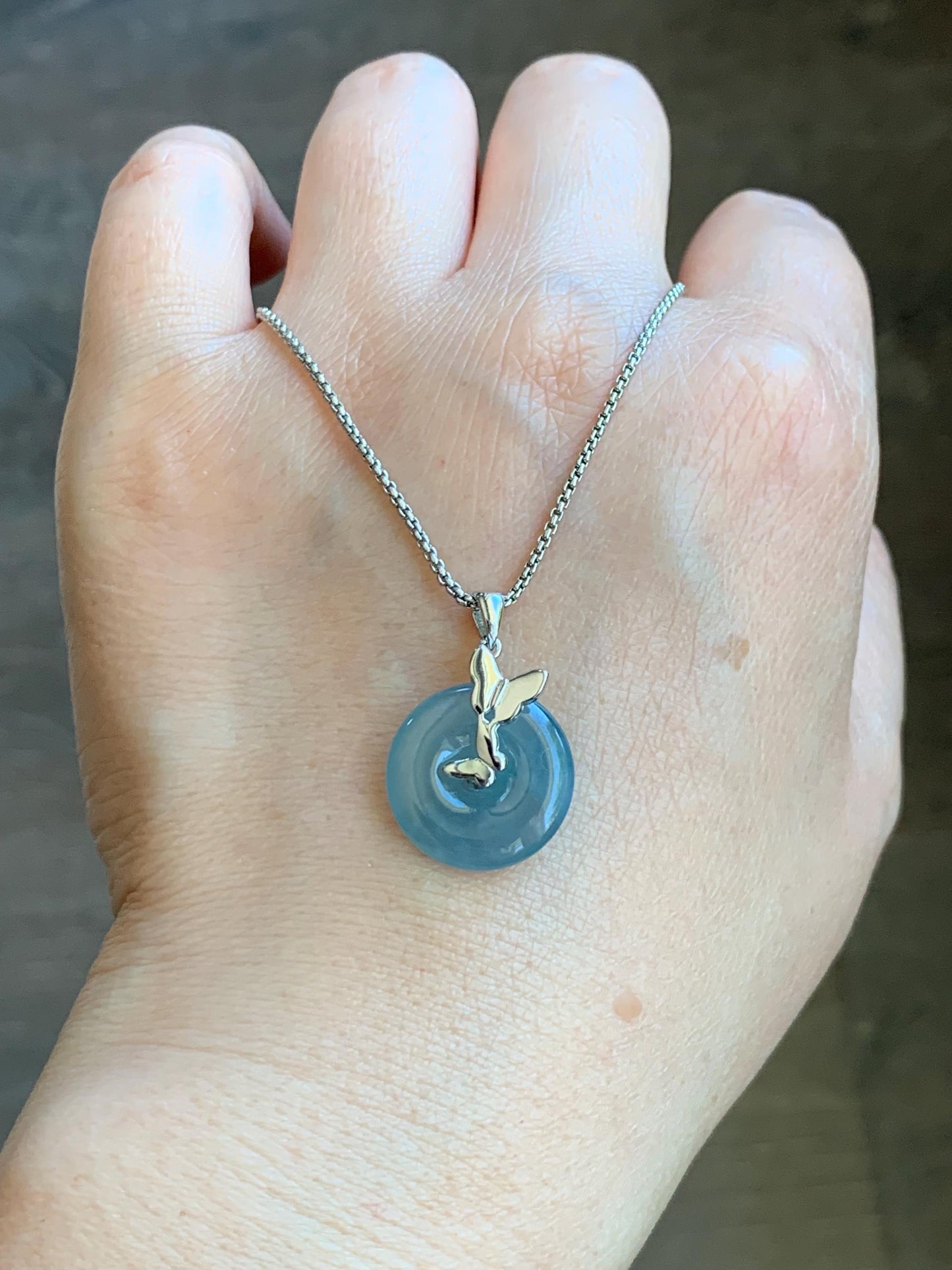 Natural Guatemalan Icy Translucent Bicolored Dusty Blue Jadeite Ping An Kou Donut Pendant Butterfly Silver Sterling 天然老种冰危蓝翡翠平安扣蝴蝶款吊坠 HDQB