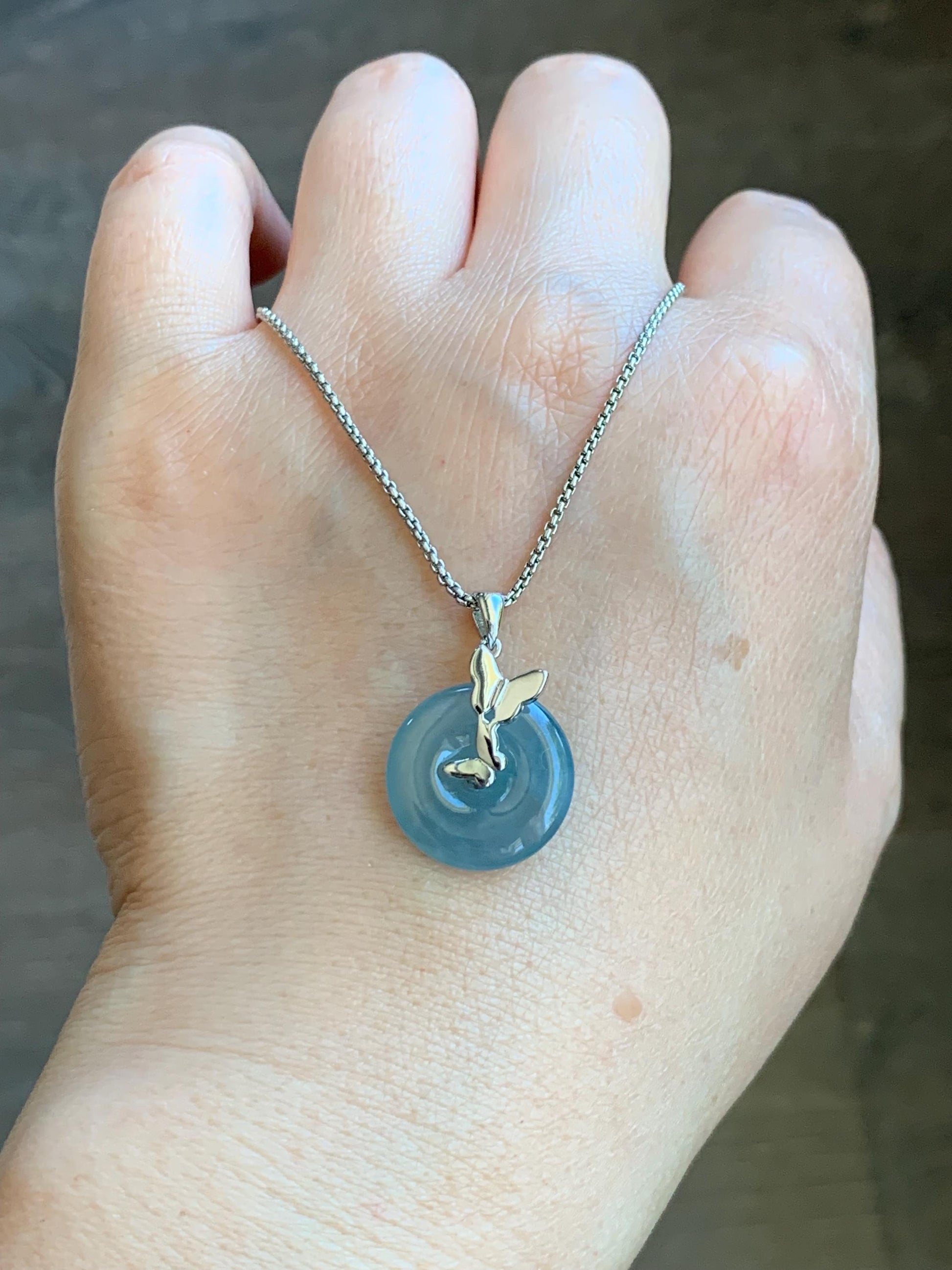 Natural Guatemalan Icy Translucent Bicolored Dusty Blue Jadeite Ping An Kou Donut Pendant Butterfly Silver Sterling 天然老种冰危蓝翡翠平安扣蝴蝶款吊坠 HDQB