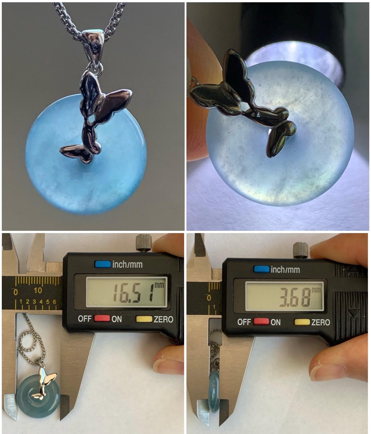 Natural Guatemalan Icy Translucent Bicolored Dusty Blue Jadeite Ping An Kou Donut Pendant Butterfly Silver Sterling 天然老种冰危蓝翡翠平安扣蝴蝶款吊坠 HDQB