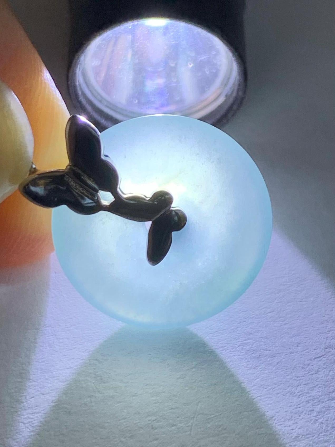 Natural Guatemalan Icy Translucent Bicolored Dusty Blue Jadeite Ping An Kou Donut Pendant Butterfly Silver Sterling 天然老种冰危蓝翡翠平安扣蝴蝶款吊坠 HDQB