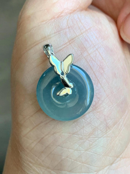 Natural Guatemalan Icy Translucent Bicolored Dusty Blue Jadeite Ping An Kou Donut Pendant Butterfly Silver Sterling 天然老种冰危蓝翡翠平安扣蝴蝶款吊坠 HDQB