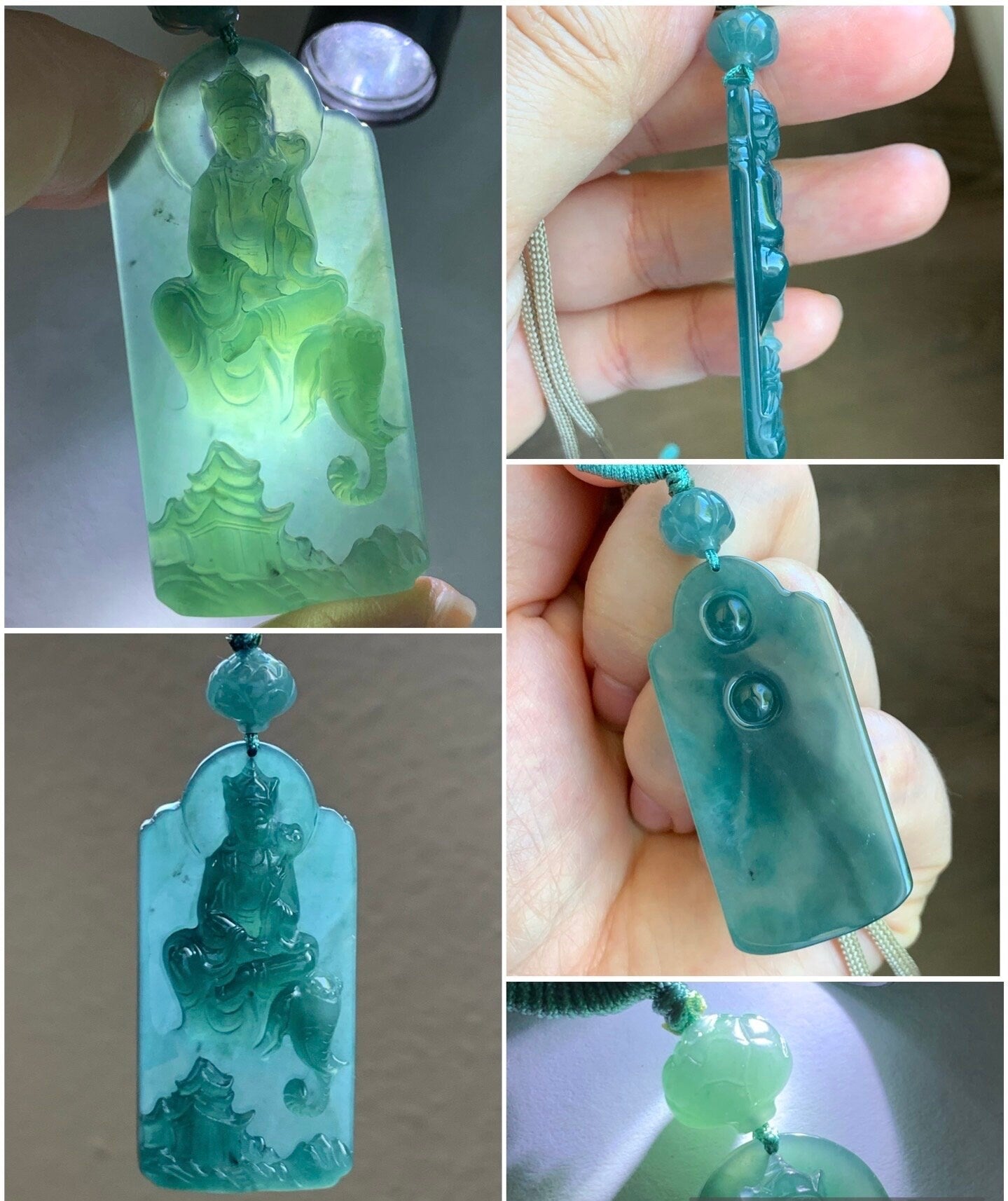Natural Guatemalan Icy Translucent Teal Green Jadeite Puxian Samantabhadra Bodhisattva w/ Elephant Pendant Rope Necklace 天然冰胶危蓝绿翡翠普贤菩萨吊坠