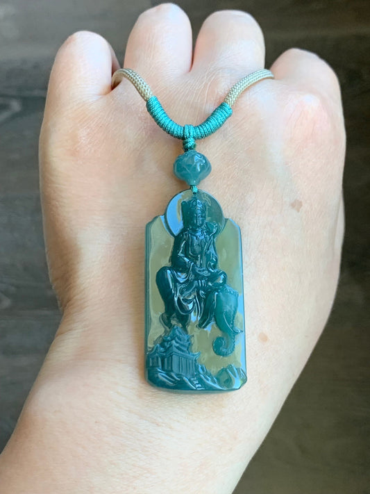 Natural Guatemalan Icy Translucent Teal Green Jadeite Puxian Samantabhadra Bodhisattva w/ Elephant Pendant Rope Necklace 天然冰胶危蓝绿翡翠普贤菩萨吊坠