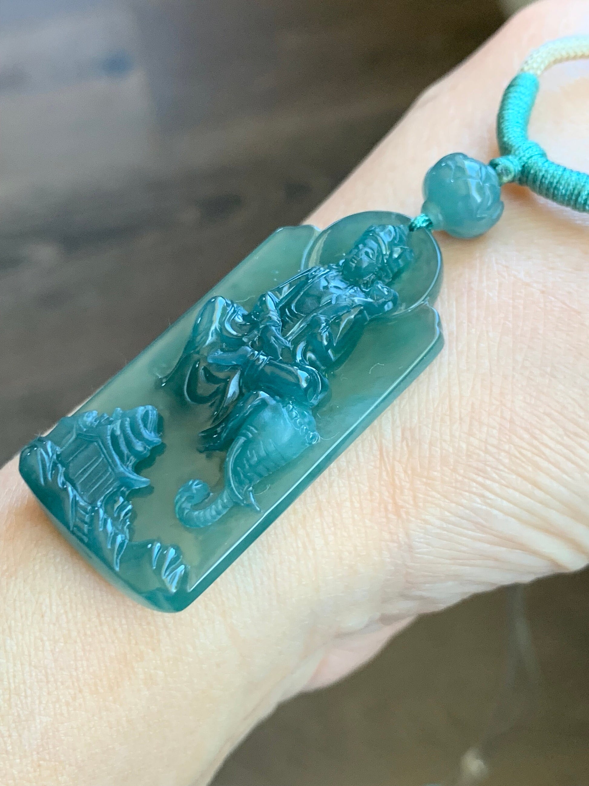 Natural Guatemalan Icy Translucent Teal Green Jadeite Puxian Samantabhadra Bodhisattva w/ Elephant Pendant Rope Necklace 天然冰胶危蓝绿翡翠普贤菩萨吊坠