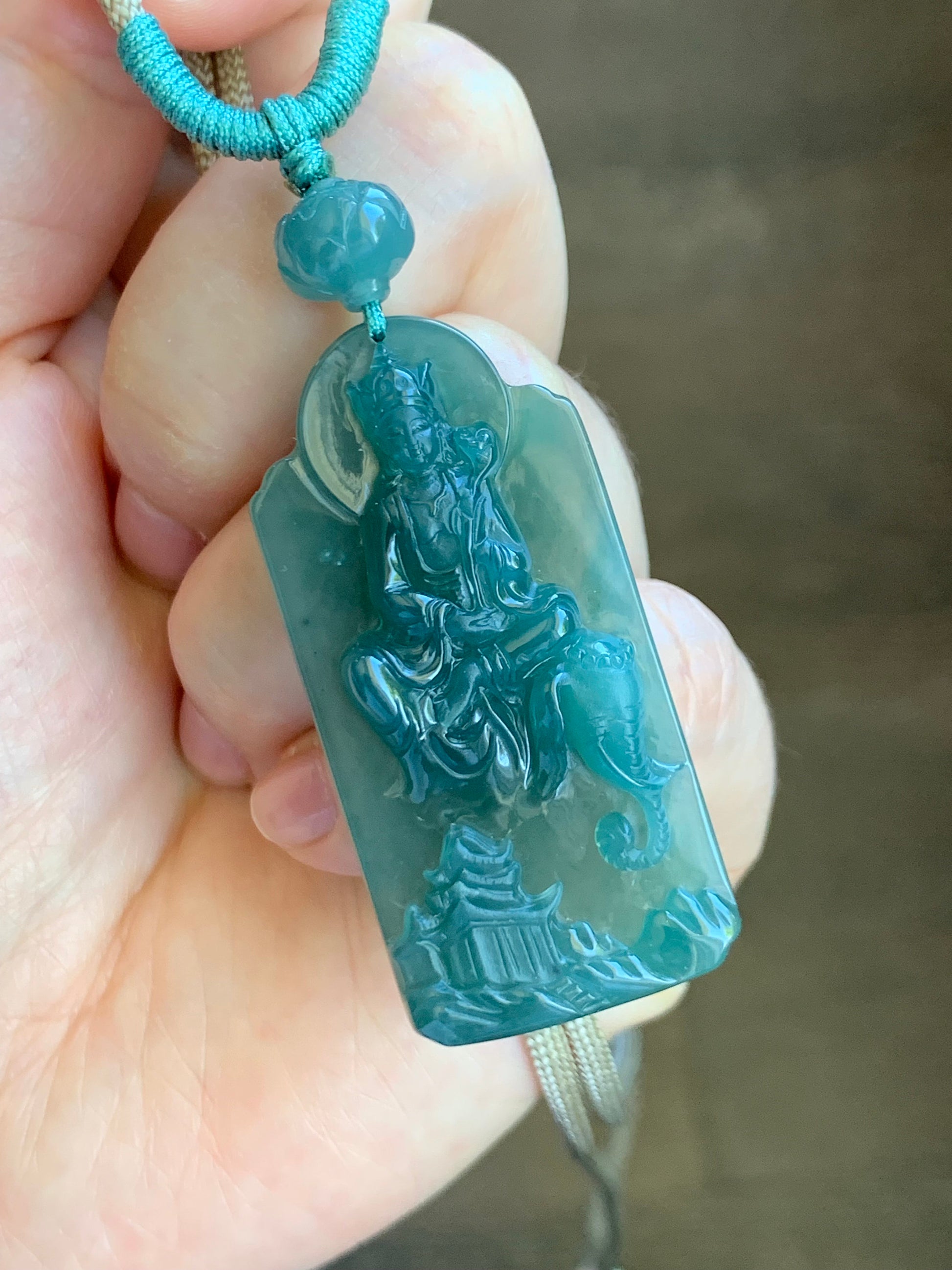 Natural Guatemalan Icy Translucent Teal Green Jadeite Puxian Samantabhadra Bodhisattva w/ Elephant Pendant Rope Necklace 天然冰胶危蓝绿翡翠普贤菩萨吊坠