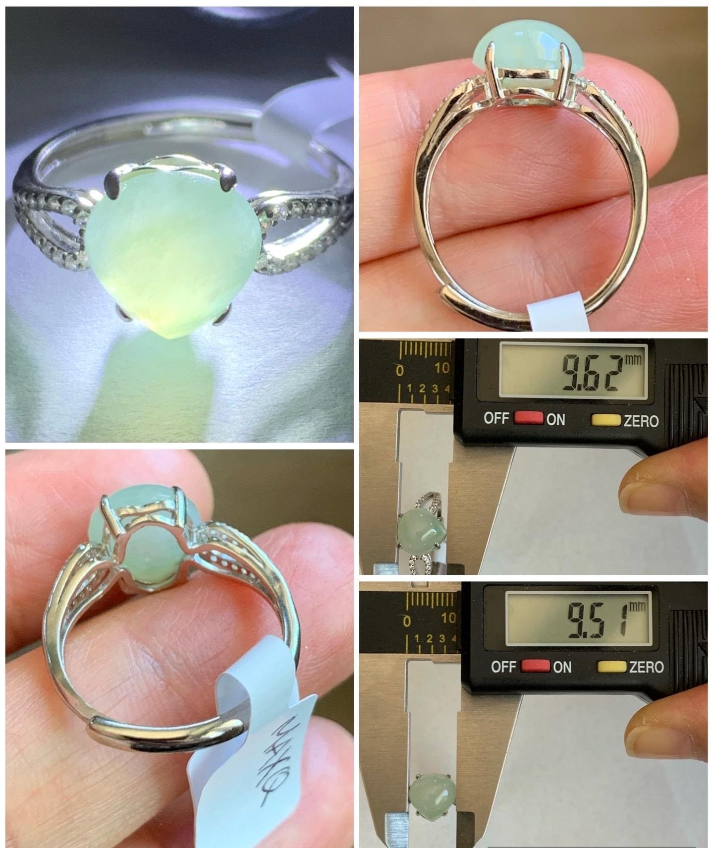 Natural Burmese Icy Translucent Gelatinous Light Green Jadeite Teardrop Cabochon Ring Sterling Silver Size Adjustable 天然缅甸老种冰胶晴底翡翠银镶戒指 MAXQ