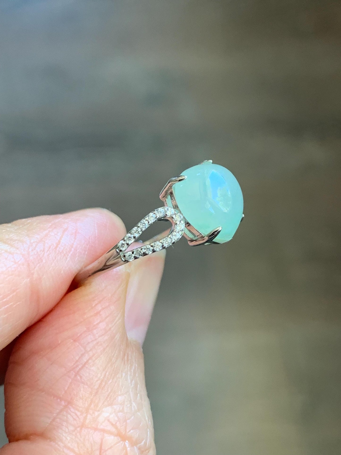 Natural Burmese Icy Translucent Gelatinous Light Green Jadeite Teardrop Cabochon Ring Sterling Silver Size Adjustable 天然缅甸老种冰胶晴底翡翠银镶戒指 MAXQ