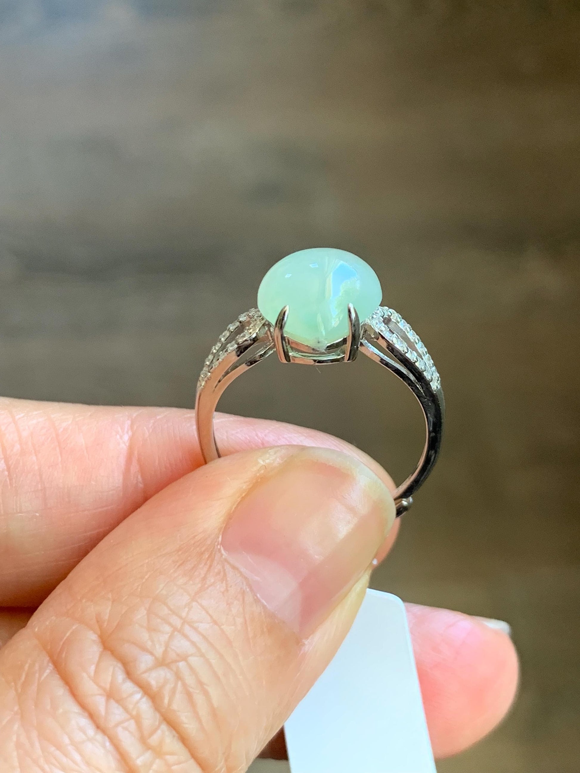 Natural Burmese Icy Translucent Gelatinous Light Green Jadeite Teardrop Cabochon Ring Sterling Silver Size Adjustable 天然缅甸老种冰胶晴底翡翠银镶戒指 MAXQ