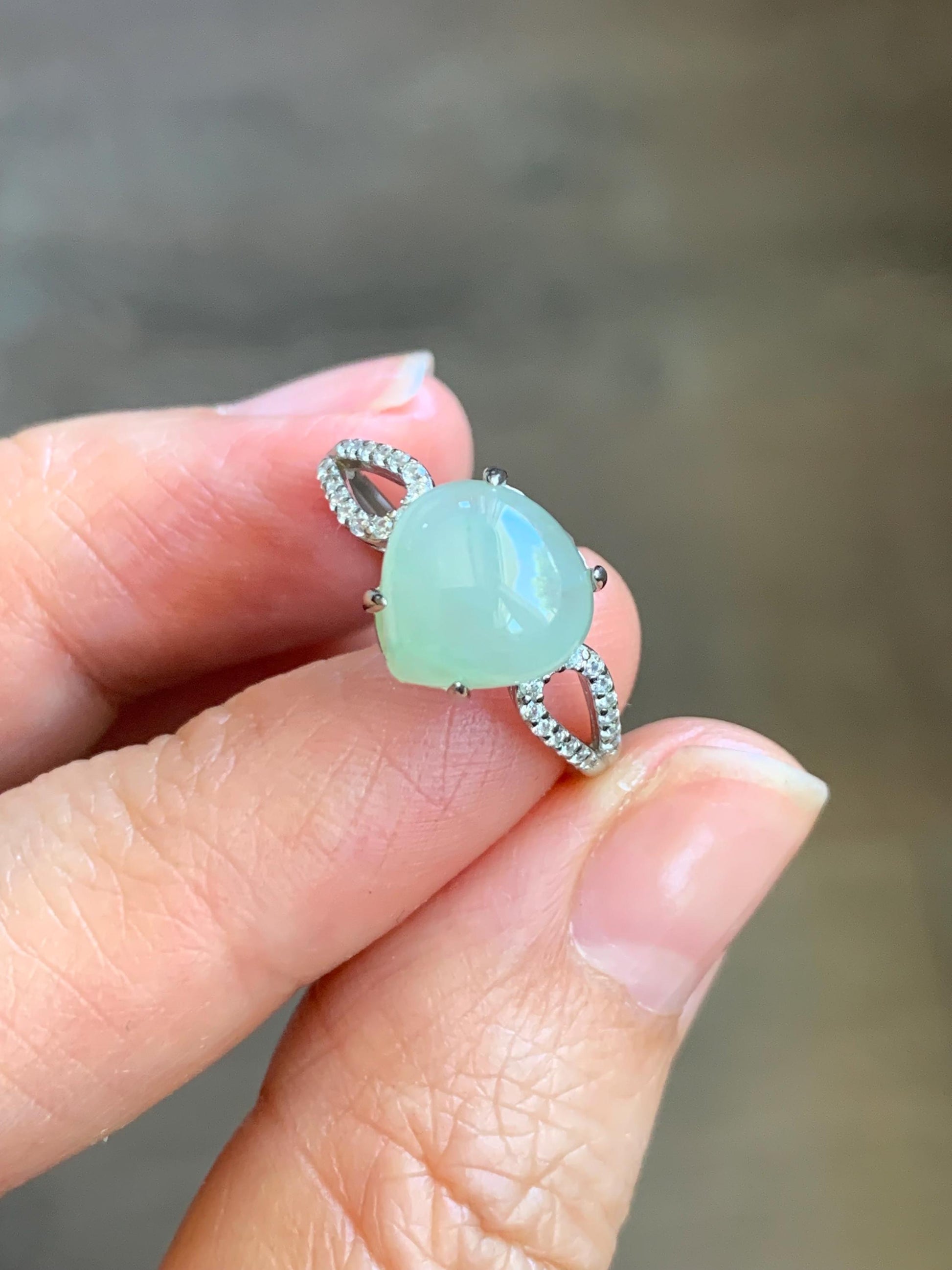 Natural Burmese Icy Translucent Gelatinous Light Green Jadeite Teardrop Cabochon Ring Sterling Silver Size Adjustable 天然缅甸老种冰胶晴底翡翠银镶戒指 MAXQ