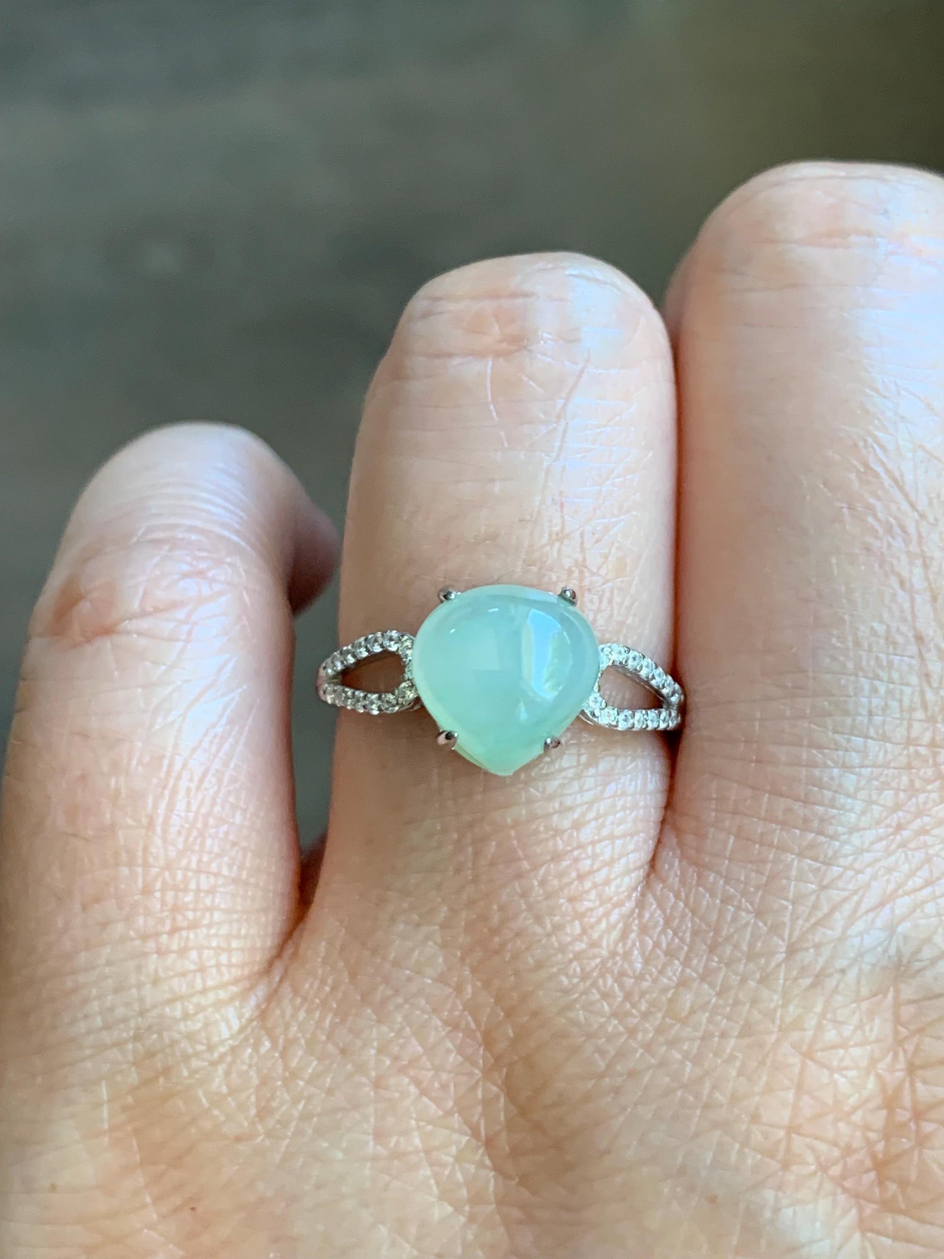 Natural Burmese Icy Translucent Gelatinous Light Green Jadeite Teardrop Cabochon Ring Sterling Silver Size Adjustable 天然缅甸老种冰胶晴底翡翠银镶戒指 MAXQ