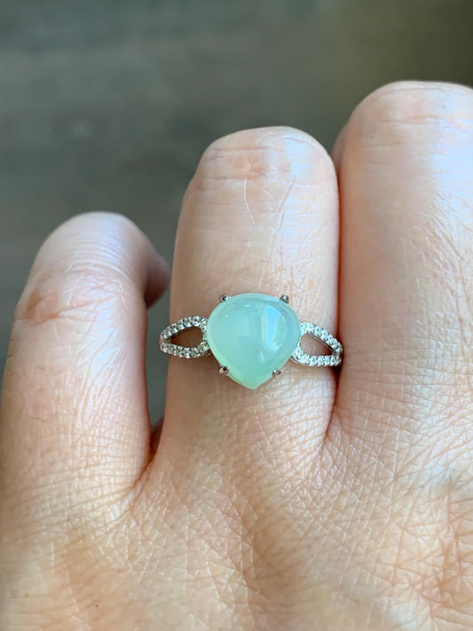 Natural Burmese Icy Translucent Gelatinous Light Green Jadeite Teardrop Cabochon Ring Sterling Silver Size Adjustable 天然缅甸老种冰胶晴底翡翠银镶戒指 MAXQ