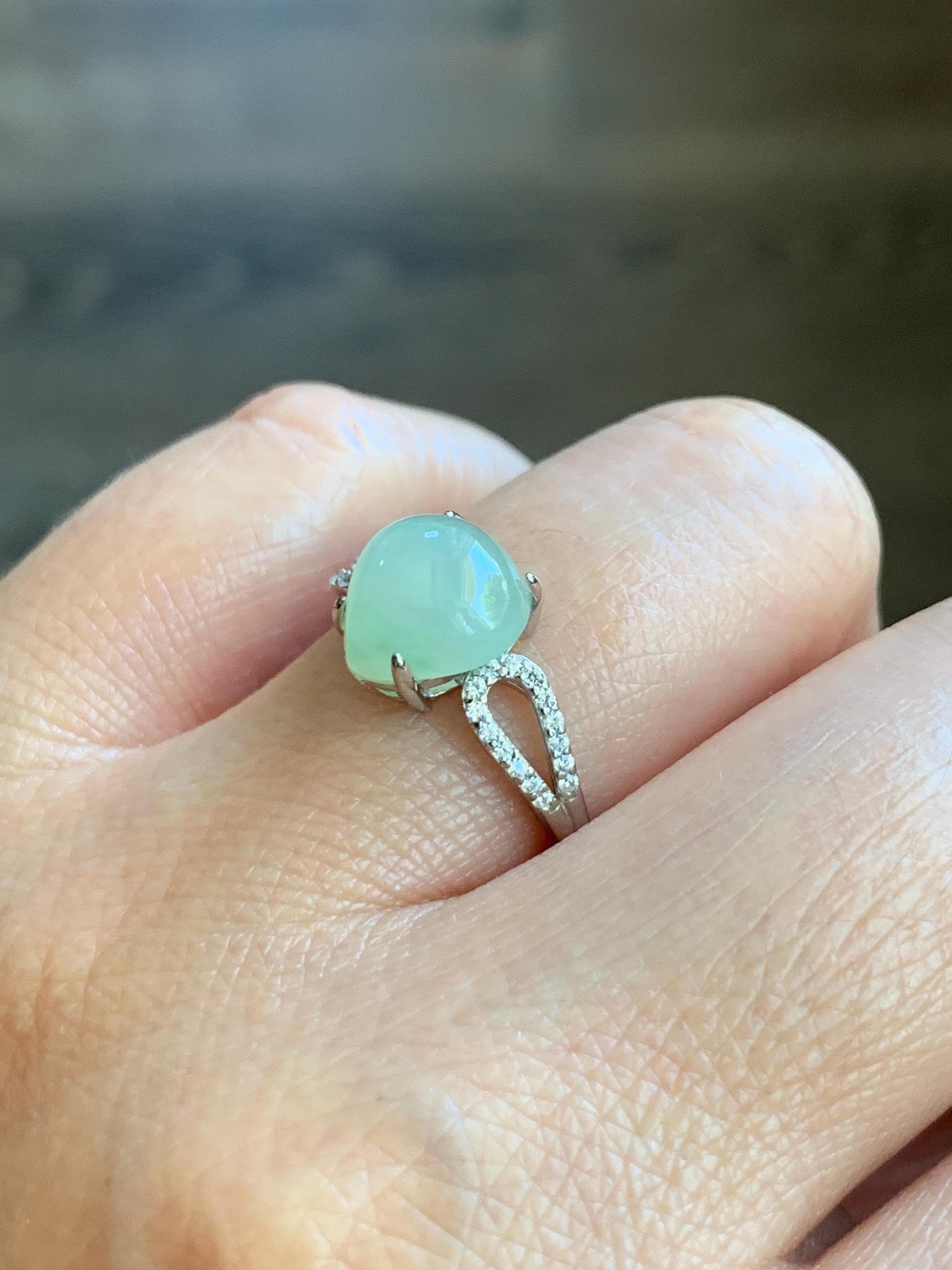 Natural Burmese Icy Translucent Gelatinous Light Green Jadeite Teardrop Cabochon Ring Sterling Silver Size Adjustable 天然缅甸老种冰胶晴底翡翠银镶戒指 MAXQ