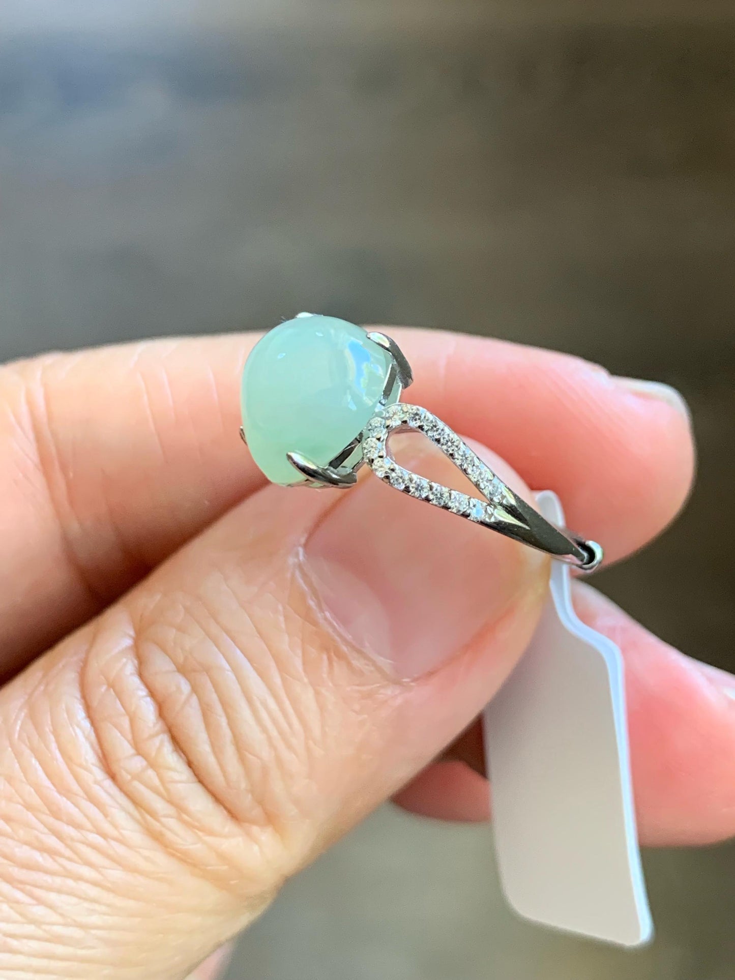 Natural Burmese Icy Translucent Gelatinous Light Green Jadeite Teardrop Cabochon Ring Sterling Silver Size Adjustable 天然缅甸老种冰胶晴底翡翠银镶戒指 MAXQ