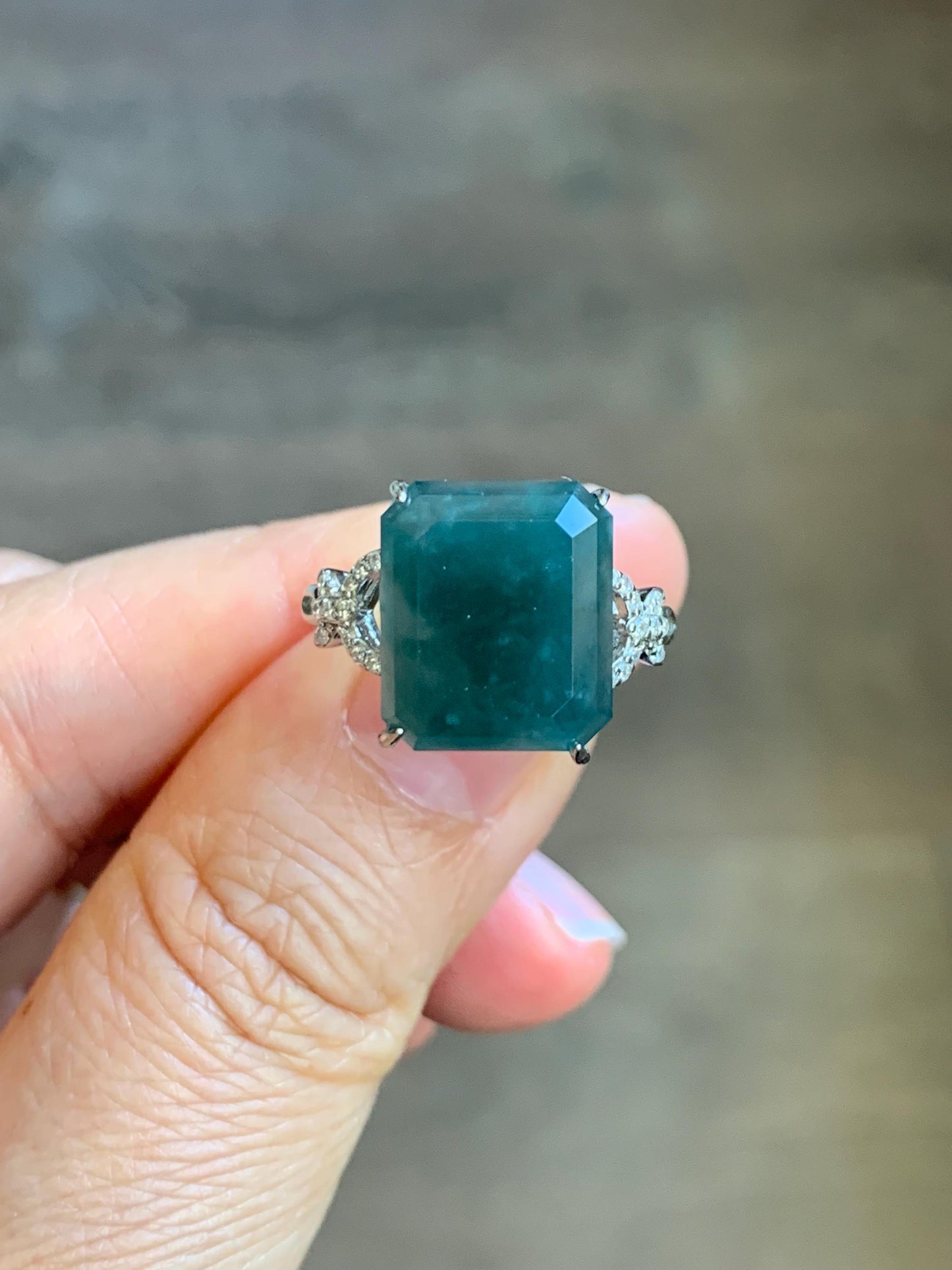 Large Natural Guatemalan Icy Translucent Dark Teal Blue Jadeite Faceted Emerald Cut Ring Sterling Silver Adjustable 天然冰危深蓝切割面翡翠银镶戒指 WQG80A