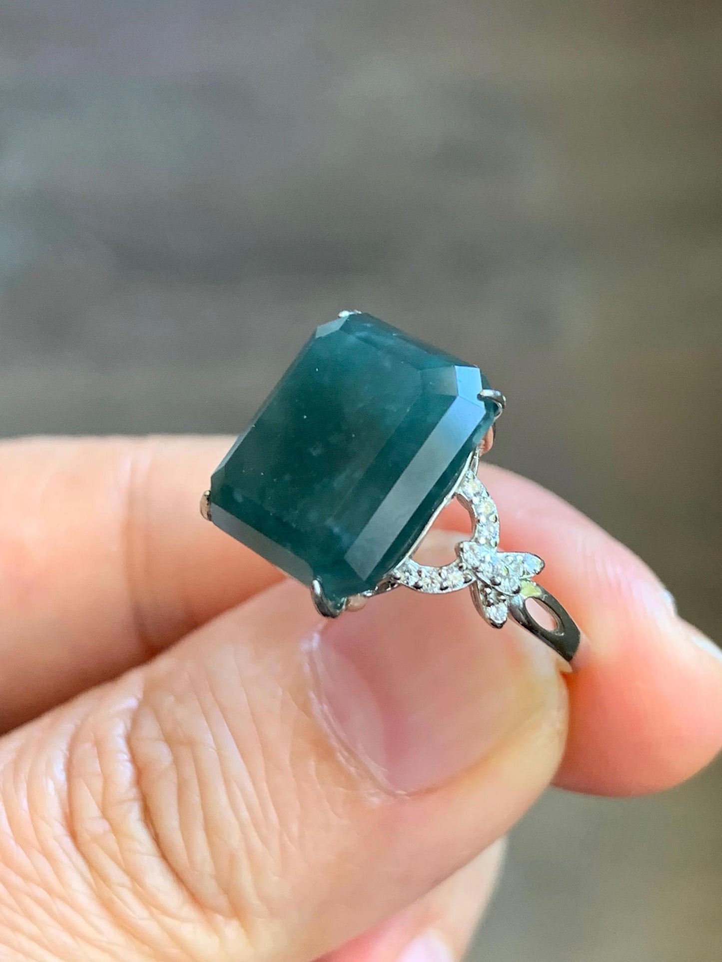 Large Natural Guatemalan Icy Translucent Dark Teal Blue Jadeite Faceted Emerald Cut Ring Sterling Silver Adjustable 天然冰危深蓝切割面翡翠银镶戒指 WQG80A