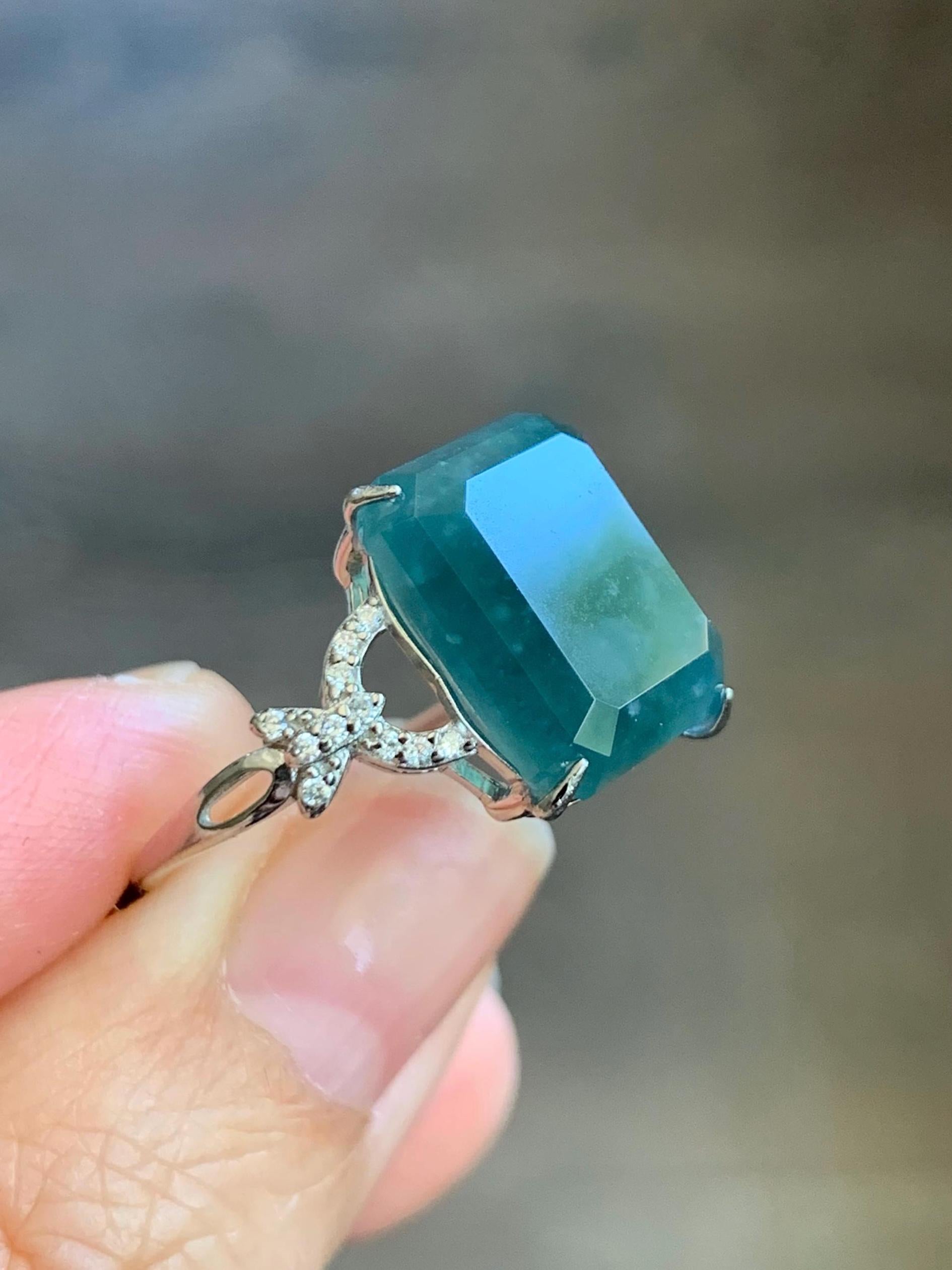 Large Natural Guatemalan Icy Translucent Dark Teal Blue Jadeite Faceted Emerald Cut Ring Sterling Silver Adjustable 天然冰危深蓝切割面翡翠银镶戒指 WQG80A