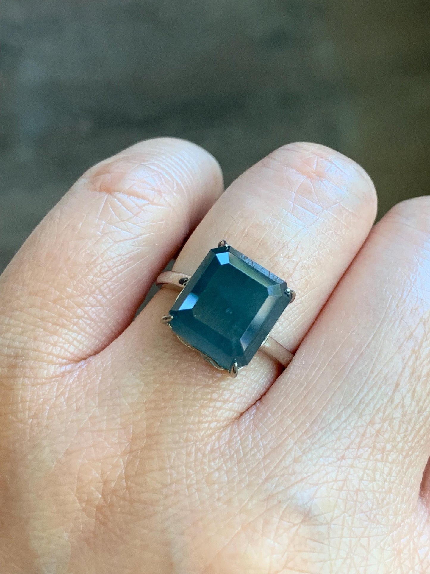 Large Natural Guatemalan Icy Translucent Dark Dusty Blue Jadeite Faceted Emerald Cut Ring Sterling Silver Adjustable 天然冰危深蓝切割面翡翠银镶戒指 WQG80B
