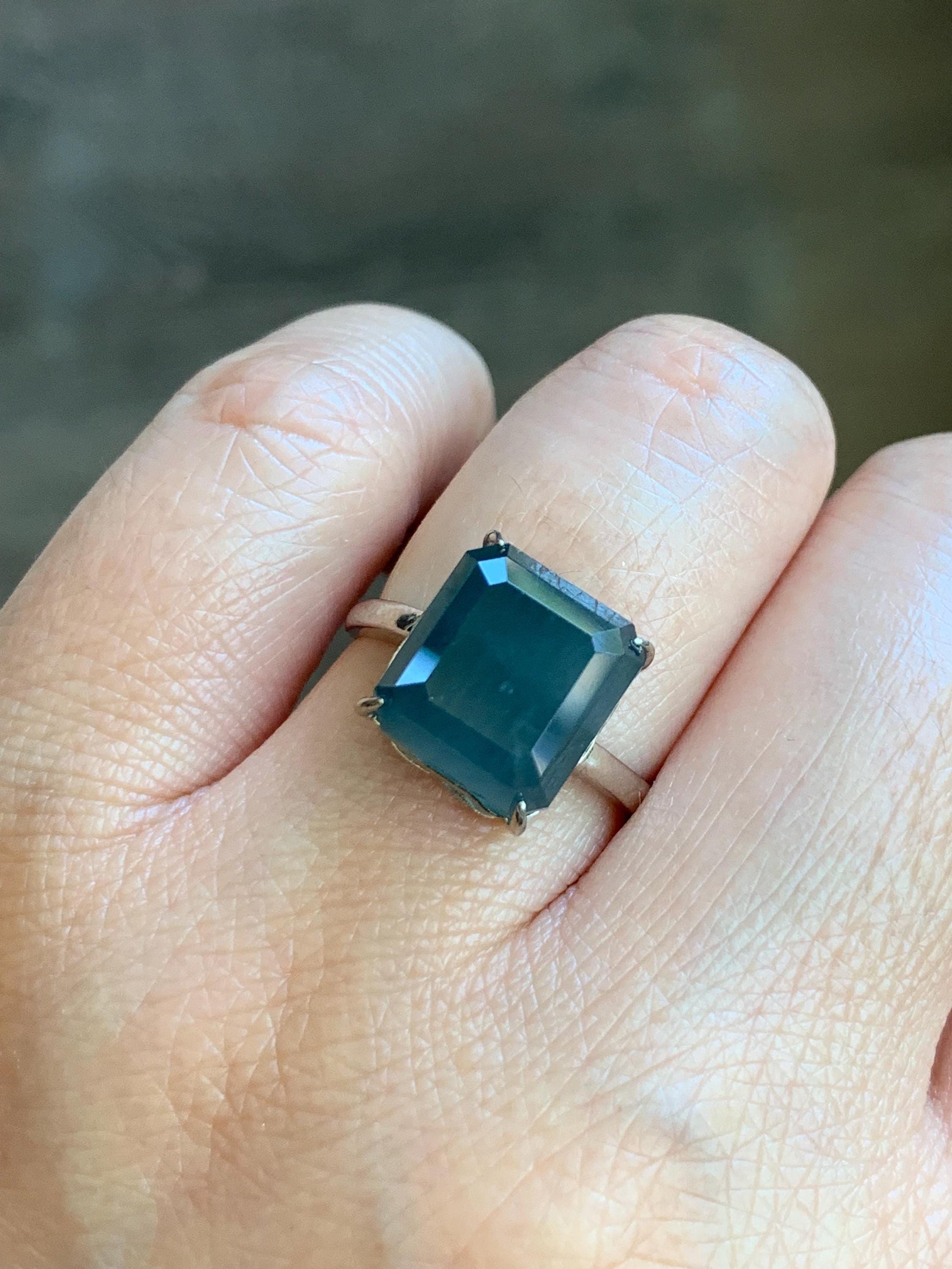 Large Natural Guatemalan Icy Translucent Dark Dusty Blue Jadeite Faceted Emerald Cut Ring Sterling Silver Adjustable 天然冰危深蓝切割面翡翠银镶戒指 WQG80B