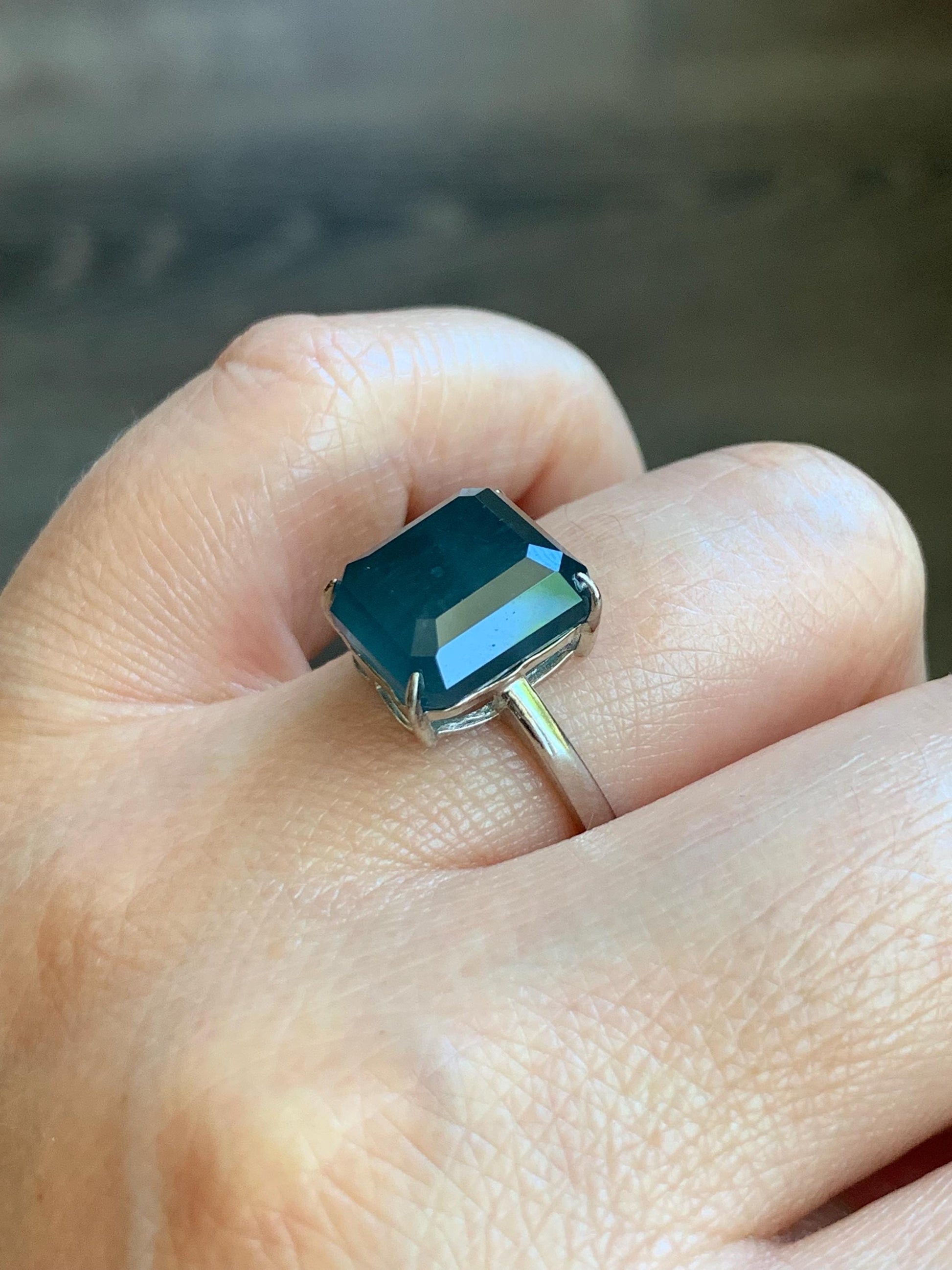 Large Natural Guatemalan Icy Translucent Dark Dusty Blue Jadeite Faceted Emerald Cut Ring Sterling Silver Adjustable 天然冰危深蓝切割面翡翠银镶戒指 WQG80B