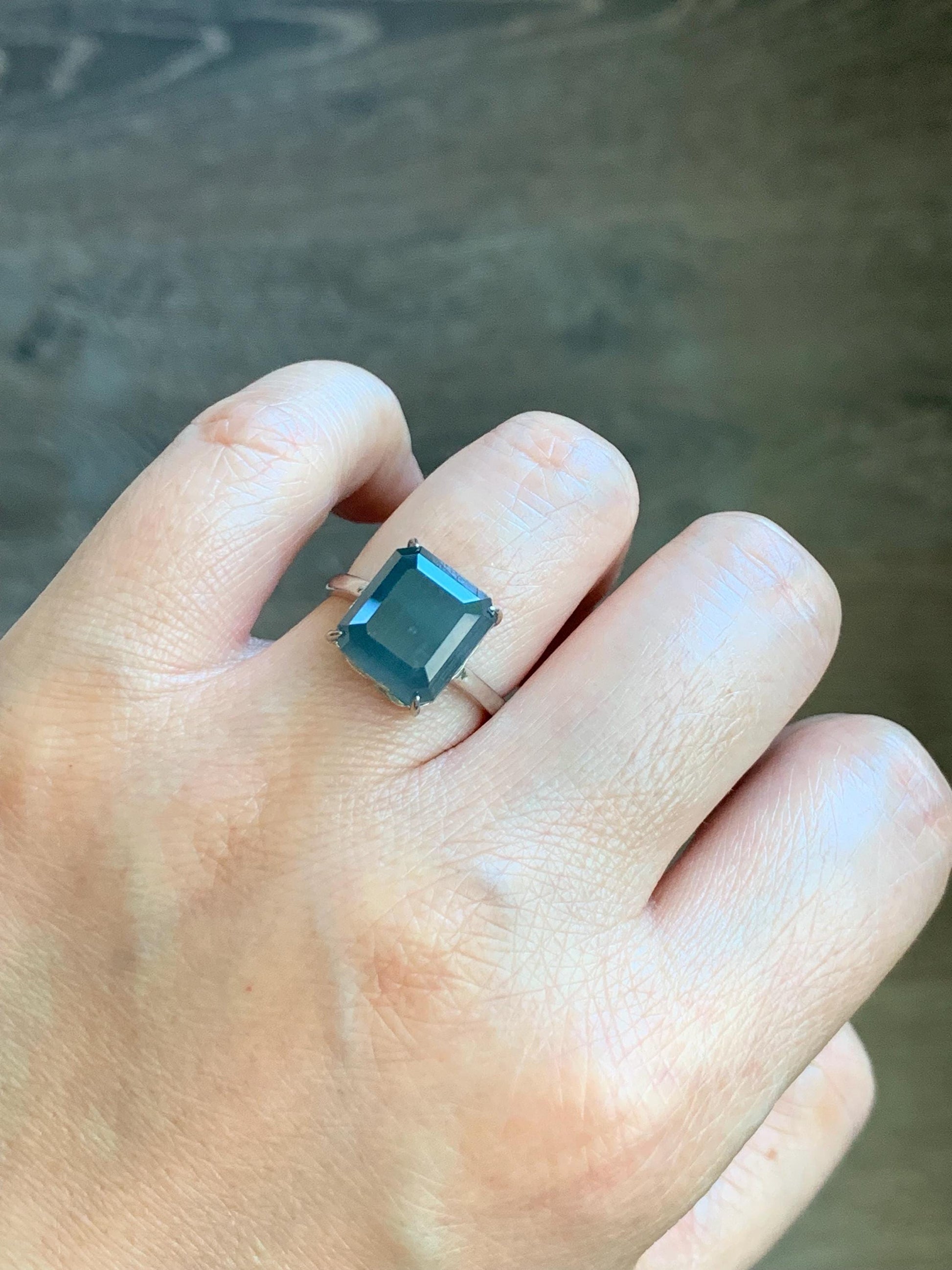 Large Natural Guatemalan Icy Translucent Dark Dusty Blue Jadeite Faceted Emerald Cut Ring Sterling Silver Adjustable 天然冰危深蓝切割面翡翠银镶戒指 WQG80B
