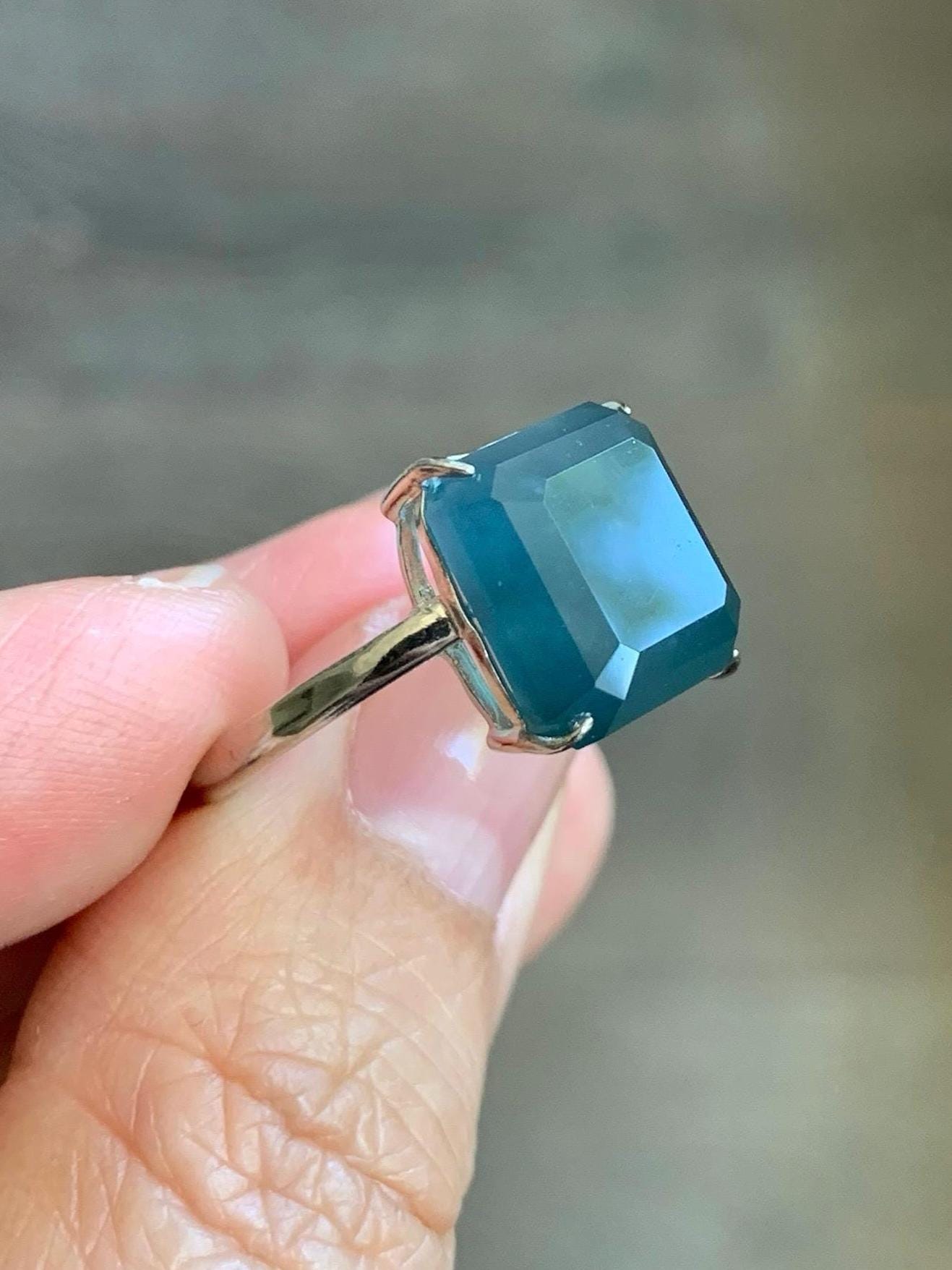 Large Natural Guatemalan Icy Translucent Dark Dusty Blue Jadeite Faceted Emerald Cut Ring Sterling Silver Adjustable 天然冰危深蓝切割面翡翠银镶戒指 WQG80B