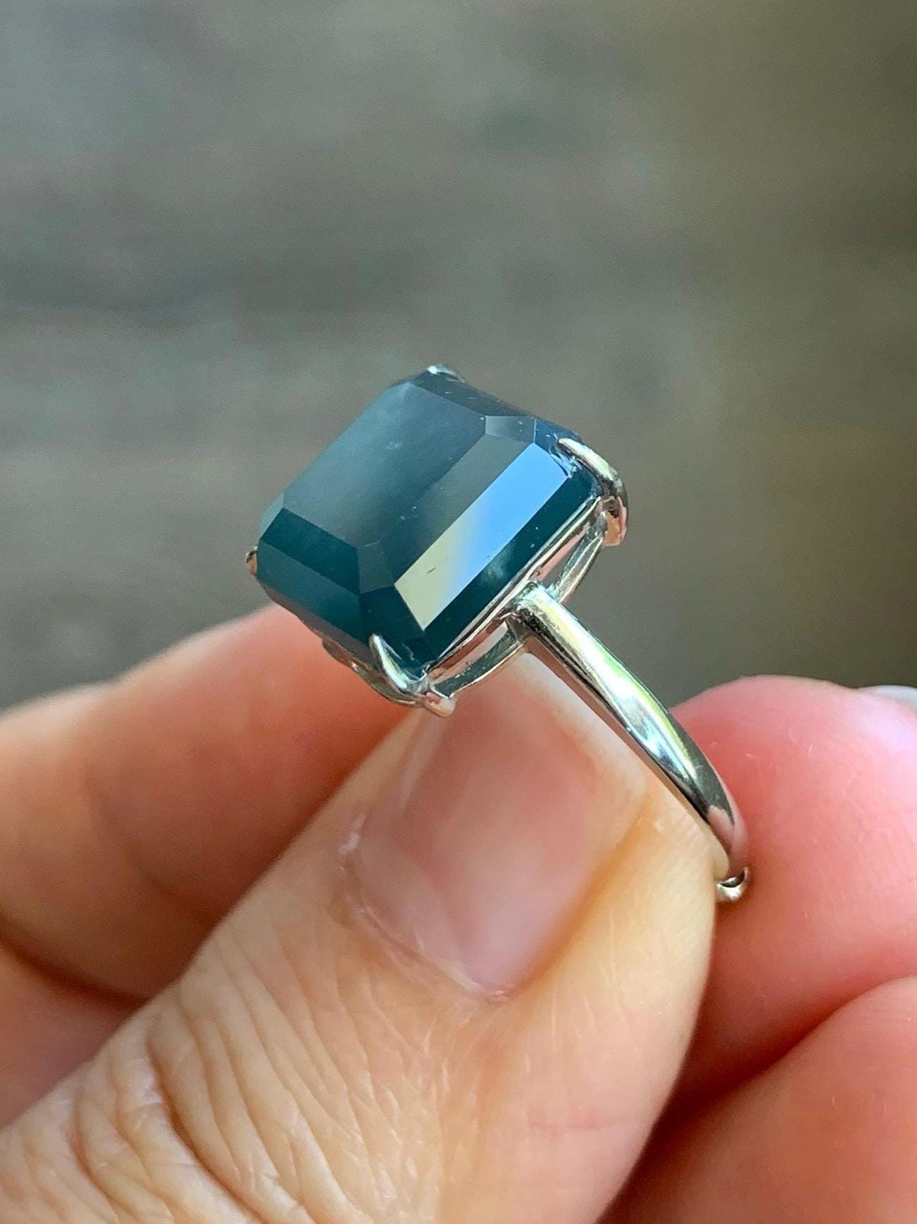 Large Natural Guatemalan Icy Translucent Dark Dusty Blue Jadeite Faceted Emerald Cut Ring Sterling Silver Adjustable 天然冰危深蓝切割面翡翠银镶戒指 WQG80B
