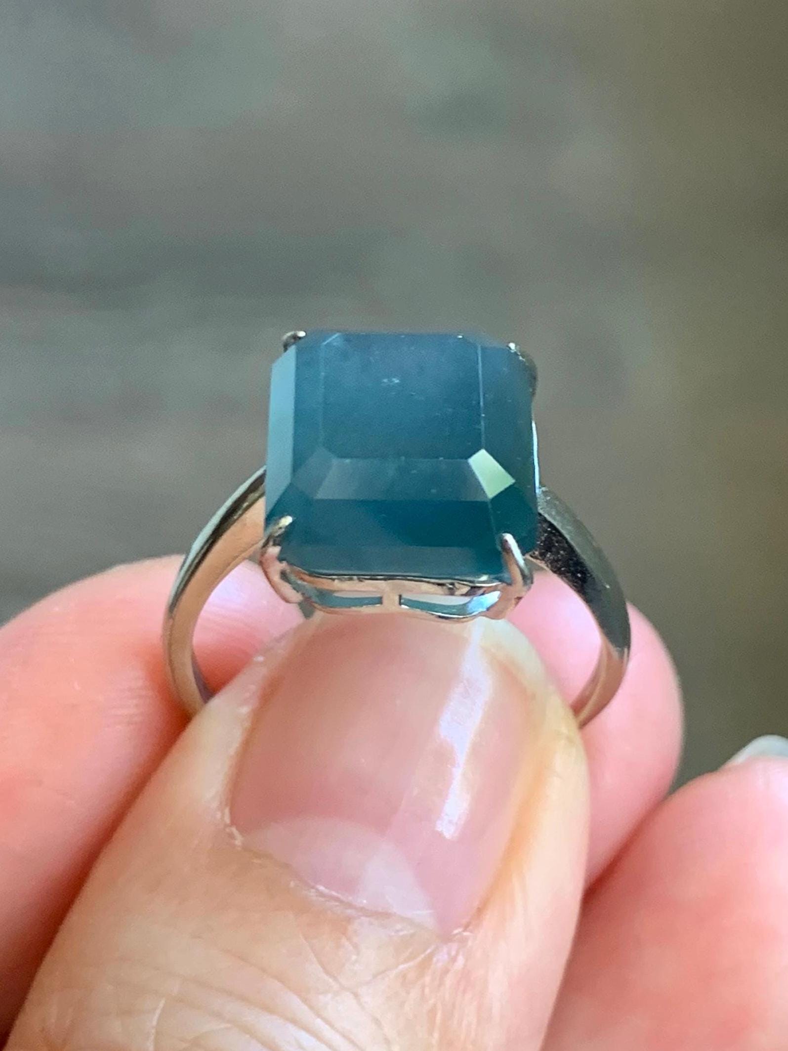 Large Natural Guatemalan Icy Translucent Dark Dusty Blue Jadeite Faceted Emerald Cut Ring Sterling Silver Adjustable 天然冰危深蓝切割面翡翠银镶戒指 WQG80B
