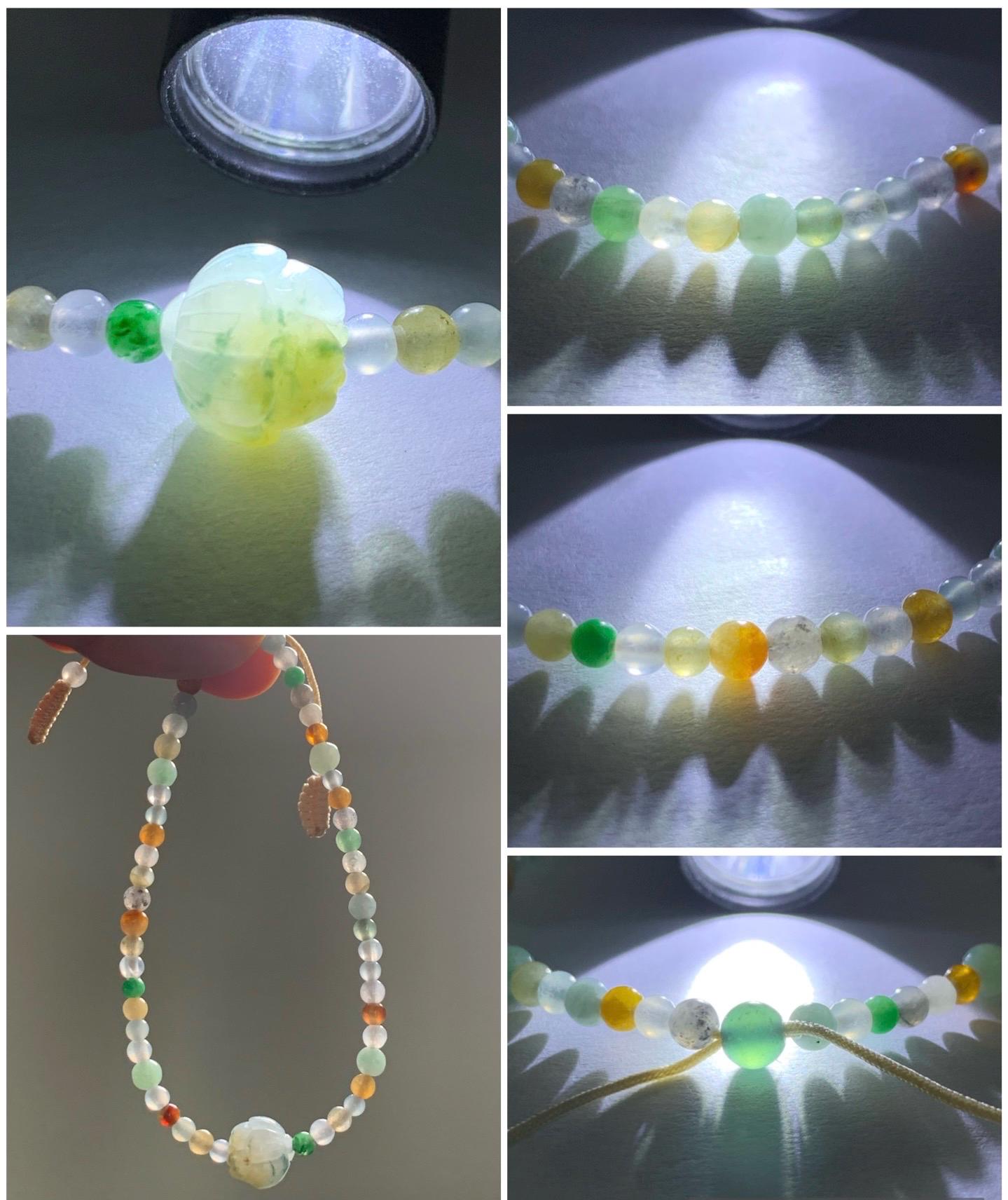 Natural Burmese Icy Translucent Multicolored Jadeite Petite Beads Carved Lotus Flower Bead Beaded Bracelet 6.75”-8.75” 天然缅甸冰透多宝翡翠小珠三色莲花珠手串