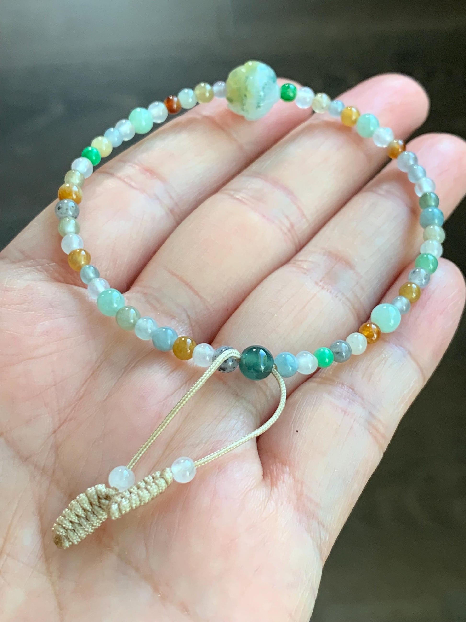 Natural Burmese Icy Translucent Multicolored Jadeite Petite Beads Carved Lotus Flower Bead Beaded Bracelet 6.75”-8.75” 天然缅甸冰透多宝翡翠小珠三色莲花珠手串