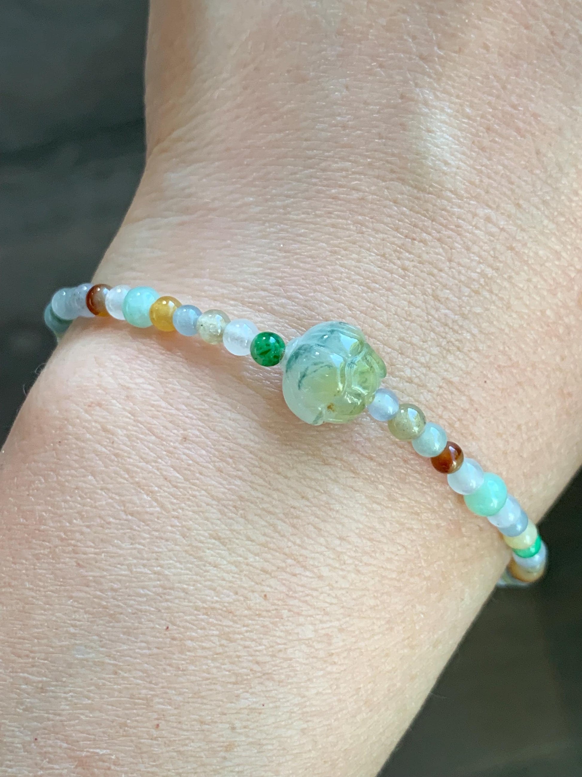 Natural Burmese Icy Translucent Multicolored Jadeite Petite Beads Carved Lotus Flower Bead Beaded Bracelet 6.75”-8.75” 天然缅甸冰透多宝翡翠小珠三色莲花珠手串