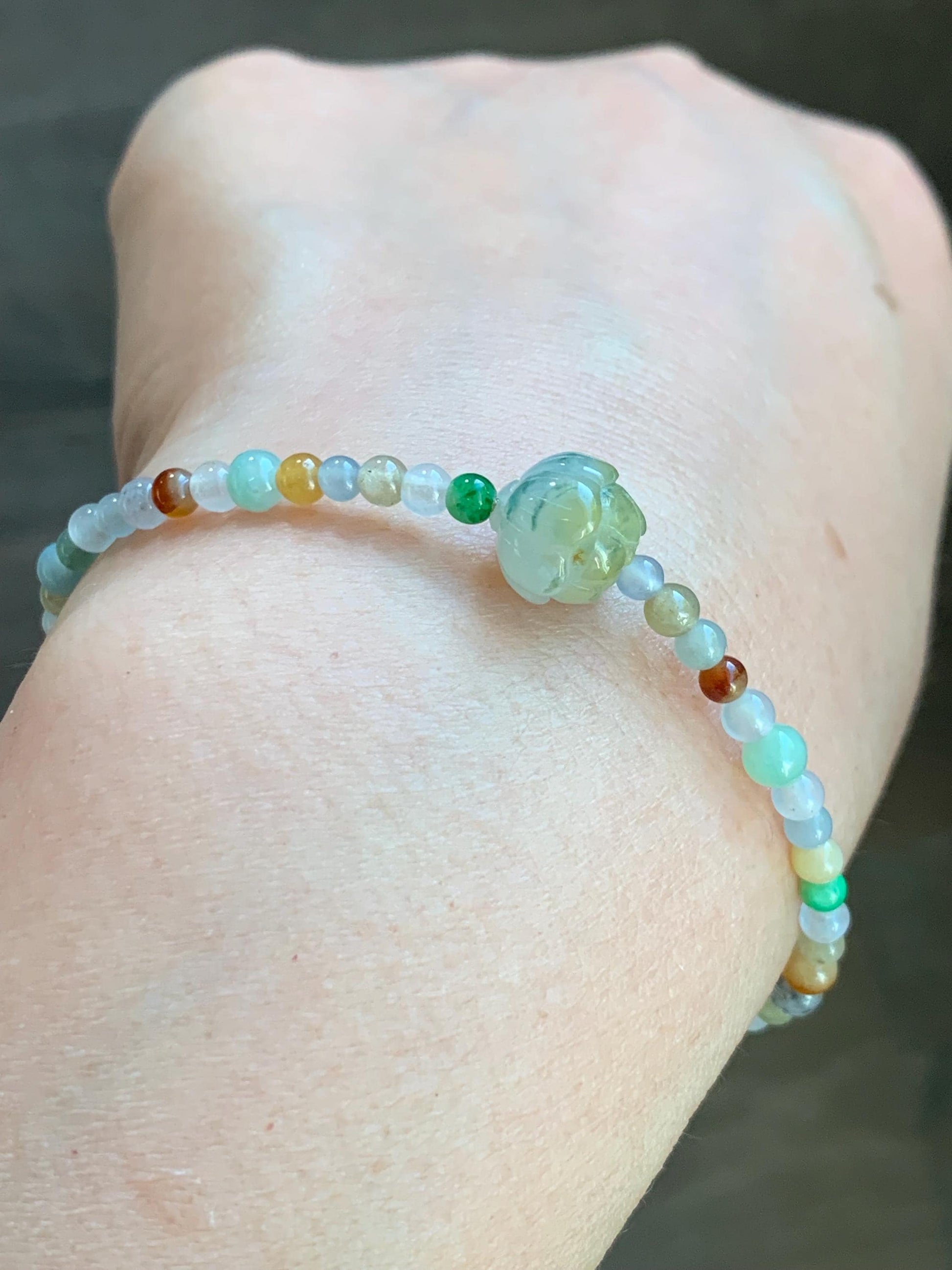 Natural Burmese Icy Translucent Multicolored Jadeite Petite Beads Carved Lotus Flower Bead Beaded Bracelet 6.75”-8.75” 天然缅甸冰透多宝翡翠小珠三色莲花珠手串