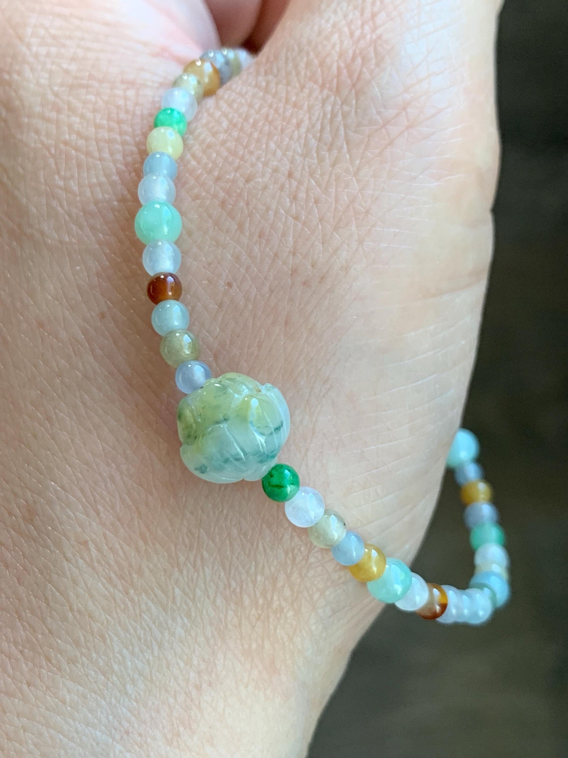 Natural Burmese Icy Translucent Multicolored Jadeite Petite Beads Carved Lotus Flower Bead Beaded Bracelet 6.75”-8.75” 天然缅甸冰透多宝翡翠小珠三色莲花珠手串