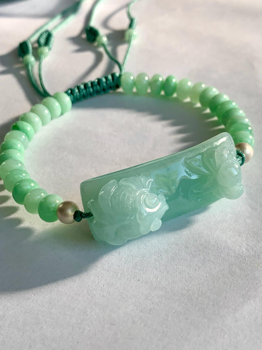 Natural Burmese Translucent Light Apple Green Jadeite Lotus Flower & Fish Cuff Jadeite Drum Beads Beaded Bracelet 6.75” 天然缅甸淡果绿翡翠荷花鱼手牌手串