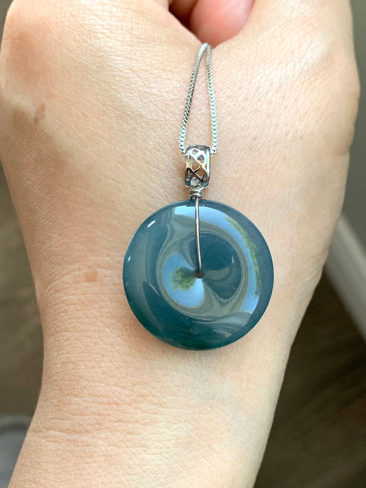 Certified Natural Guatemalan Icy Translucent Teal Blue Purple Bicolored Jadeite Ping An Kou Donut Pendant Sterling Silver 天然冰危蓝紫翡翠平安扣吊坠 1476