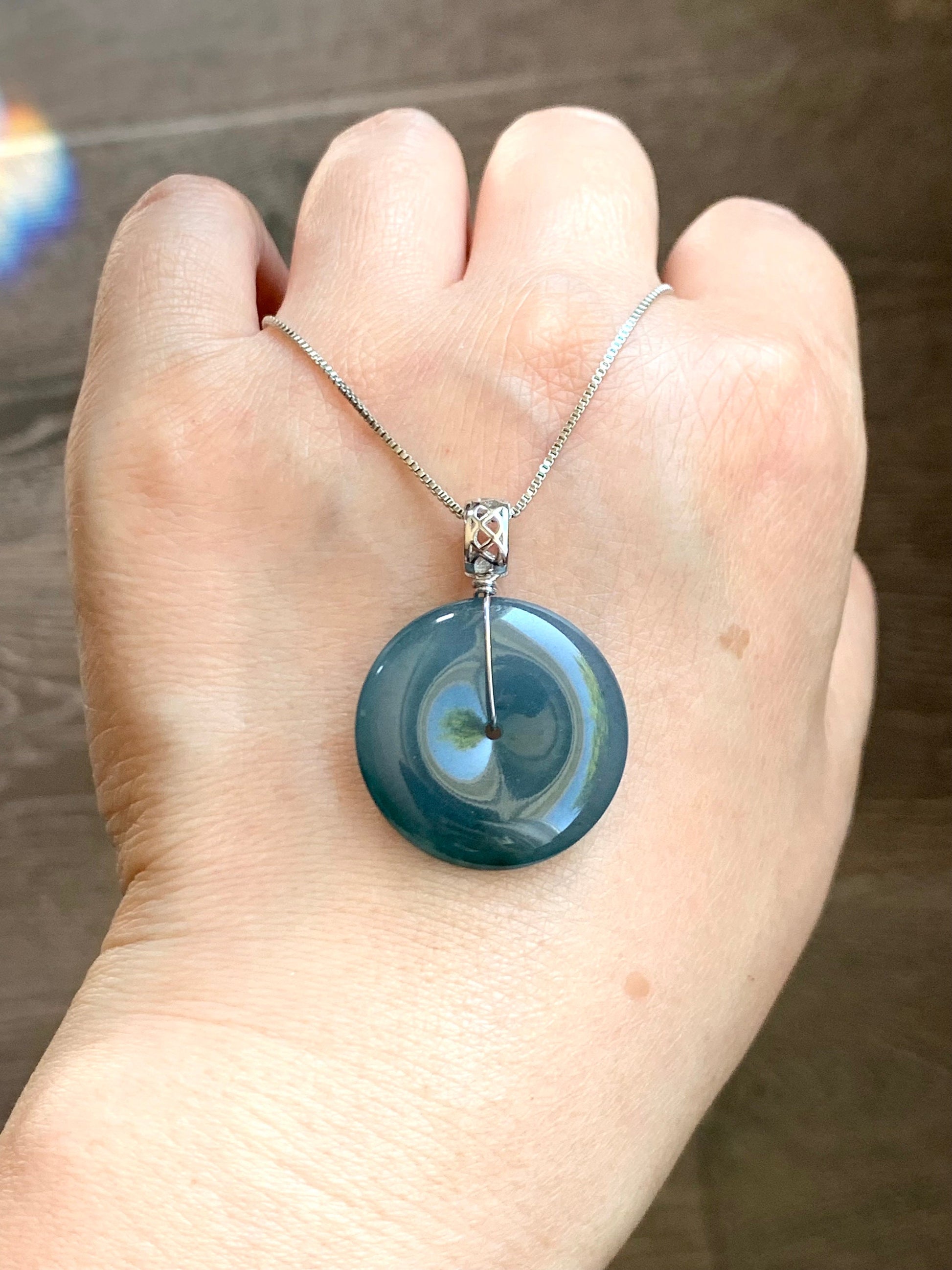 Certified Natural Guatemalan Icy Translucent Teal Blue Purple Bicolored Jadeite Ping An Kou Donut Pendant Sterling Silver 天然冰危蓝紫翡翠平安扣吊坠 1476