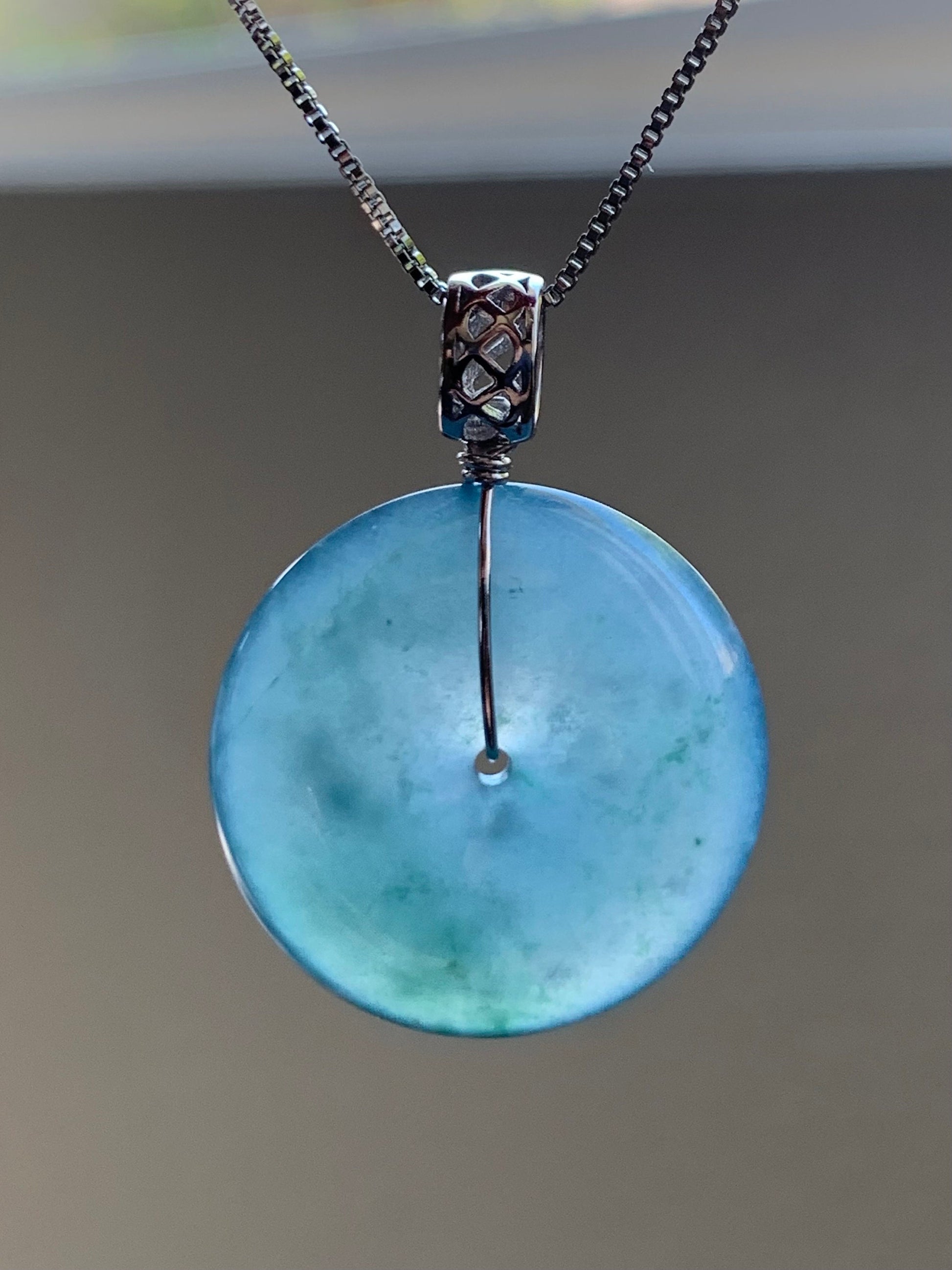 Certified Natural Guatemalan Icy Translucent Teal Blue Purple Bicolored Jadeite Ping An Kou Donut Pendant Sterling Silver 天然冰危蓝紫翡翠平安扣吊坠 1476