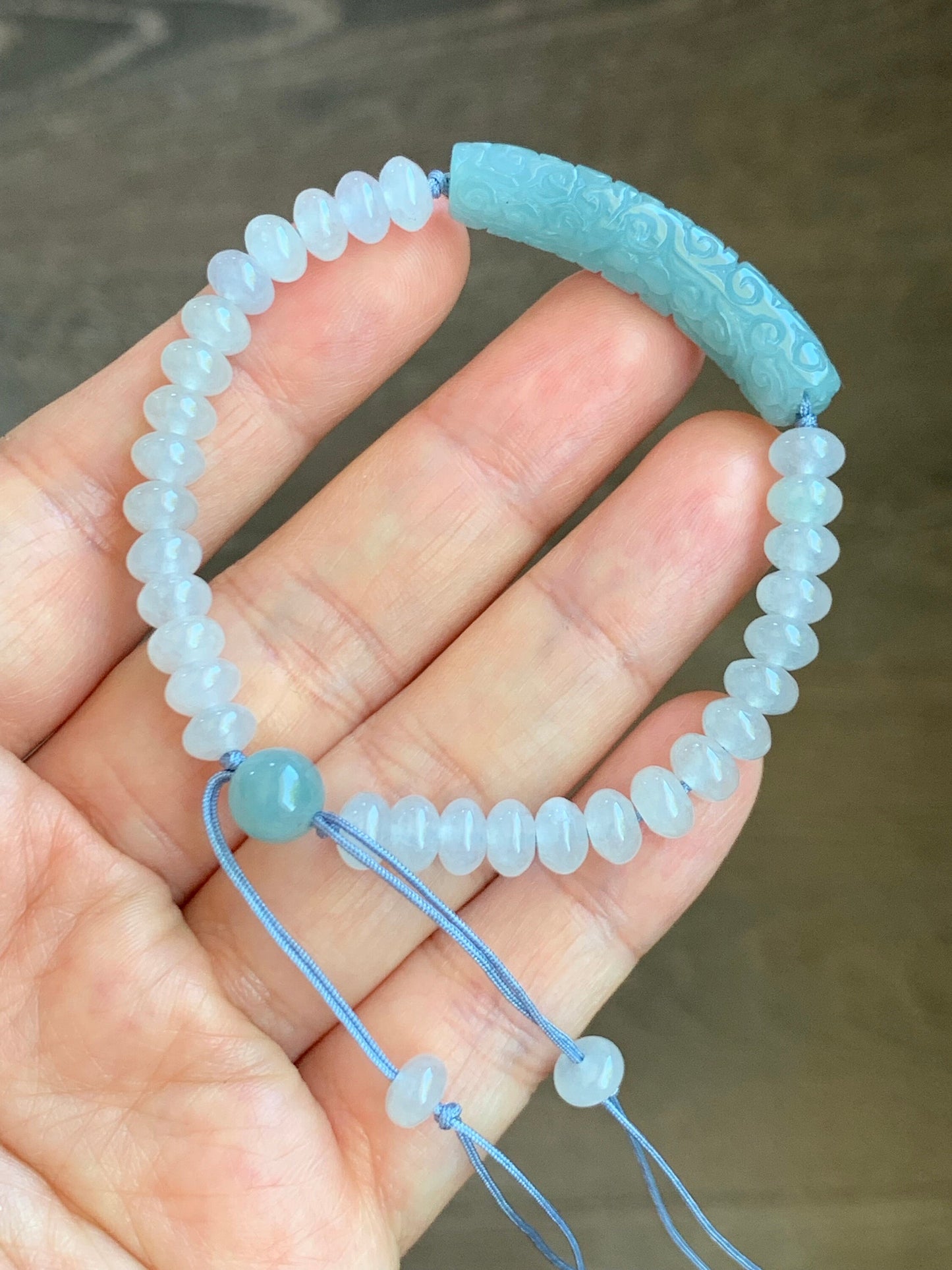 Natural Burmese Icy Translucent Light Blue Jadeite Engraved Cuff Icy White Jadeite Drum Beads Beaded Bracelet 6.5” 天然缅甸冰蓝翡翠仿古雕手牌白冰翡翠鼓珠手串
