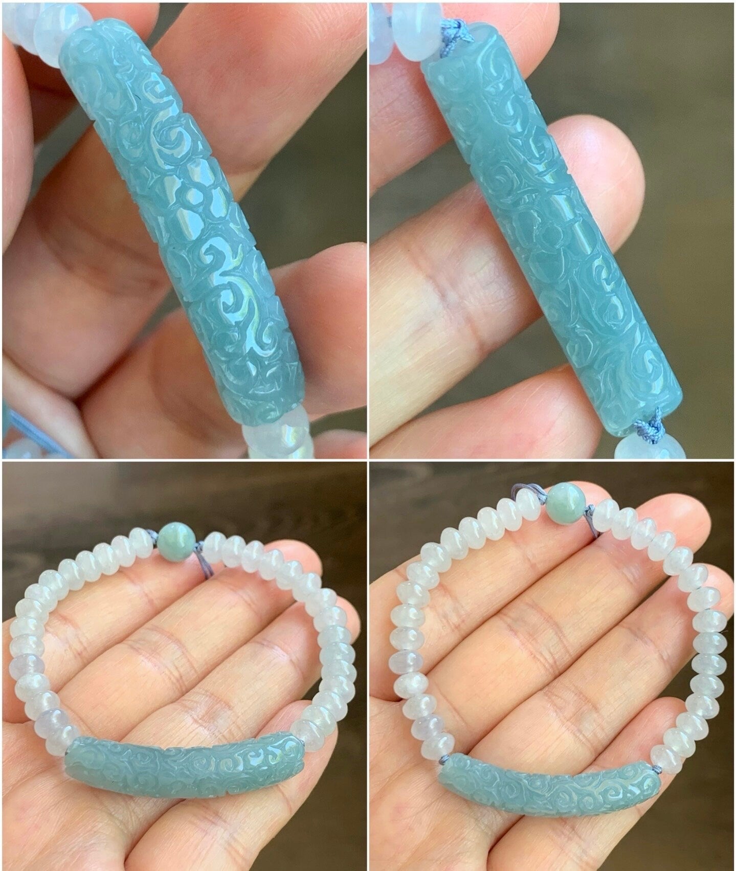 Natural Burmese Icy Translucent Light Blue Jadeite Engraved Cuff Icy White Jadeite Drum Beads Beaded Bracelet 6.5” 天然缅甸冰蓝翡翠仿古雕手牌白冰翡翠鼓珠手串