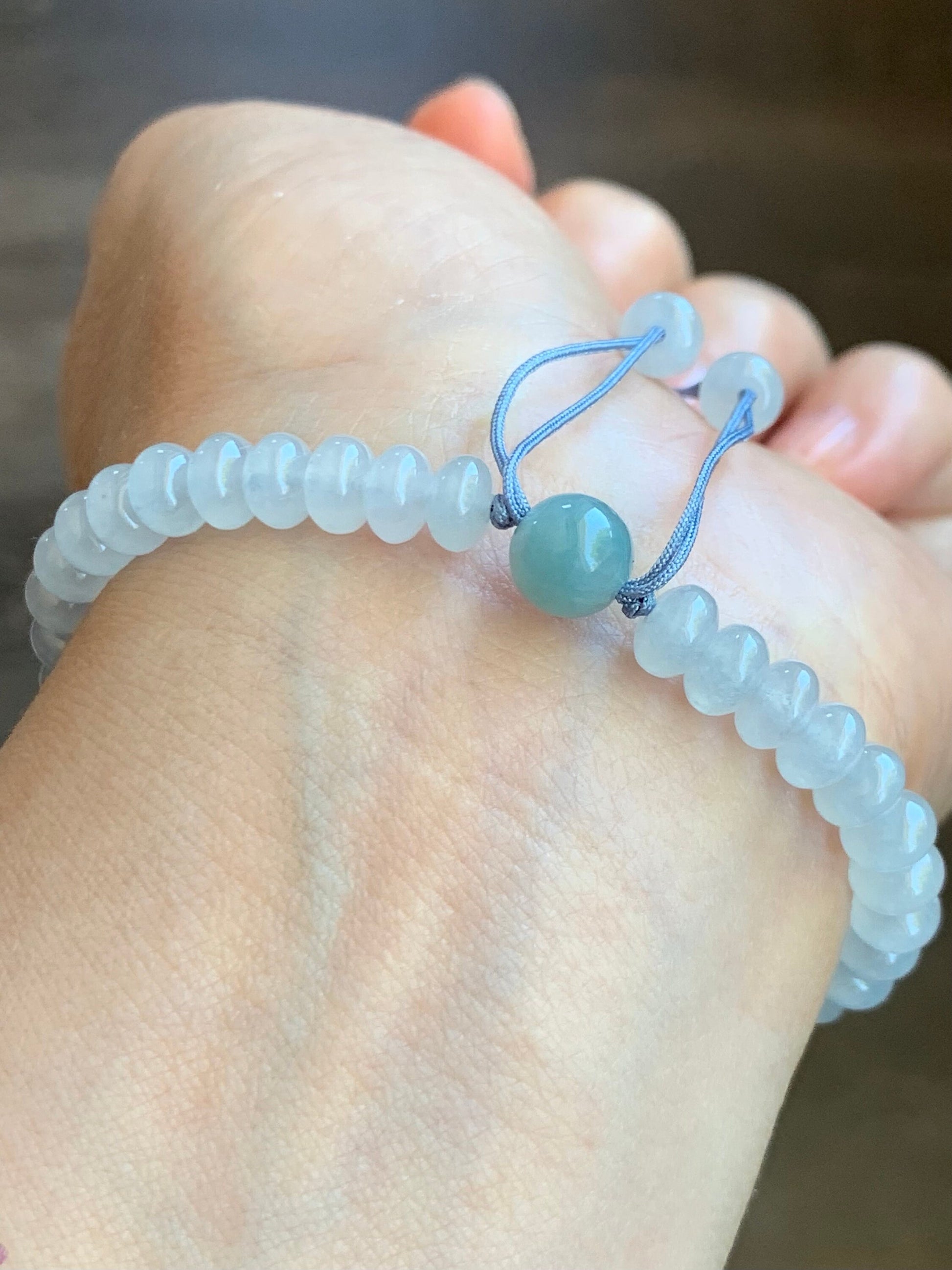 Natural Burmese Icy Translucent Light Blue Jadeite Engraved Cuff Icy White Jadeite Drum Beads Beaded Bracelet 6.5” 天然缅甸冰蓝翡翠仿古雕手牌白冰翡翠鼓珠手串