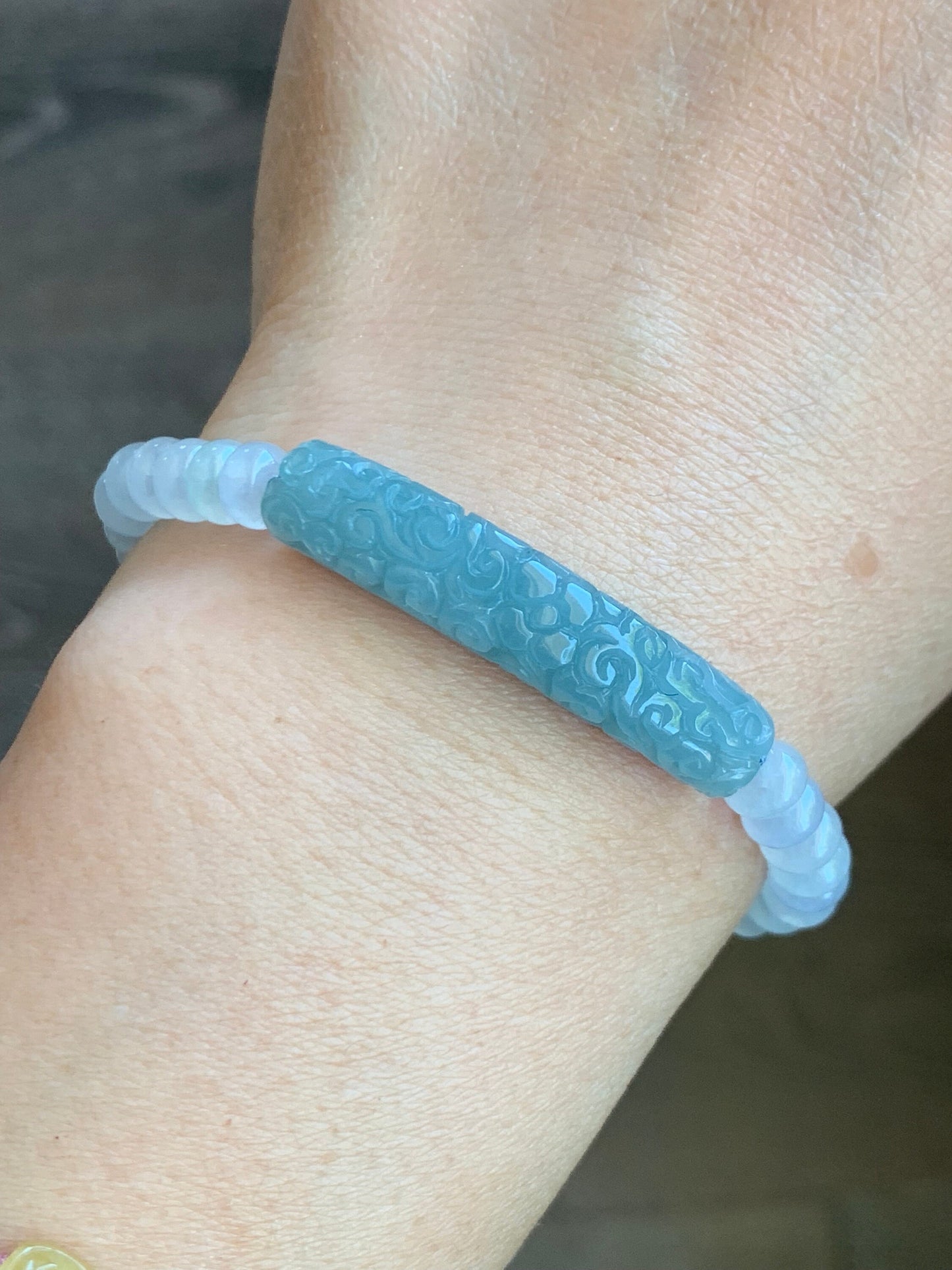Natural Burmese Icy Translucent Light Blue Jadeite Engraved Cuff Icy White Jadeite Drum Beads Beaded Bracelet 6.5” 天然缅甸冰蓝翡翠仿古雕手牌白冰翡翠鼓珠手串