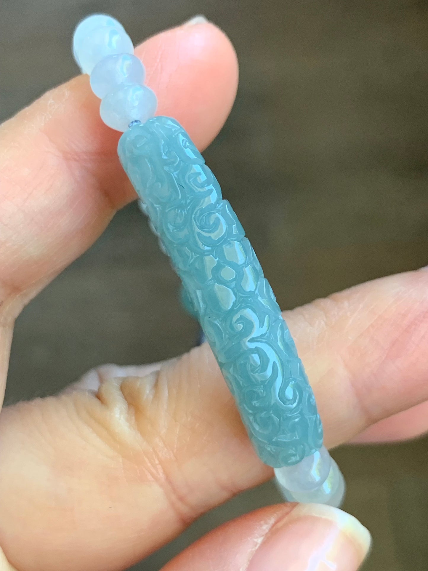 Natural Burmese Icy Translucent Light Blue Jadeite Engraved Cuff Icy White Jadeite Drum Beads Beaded Bracelet 6.5” 天然缅甸冰蓝翡翠仿古雕手牌白冰翡翠鼓珠手串