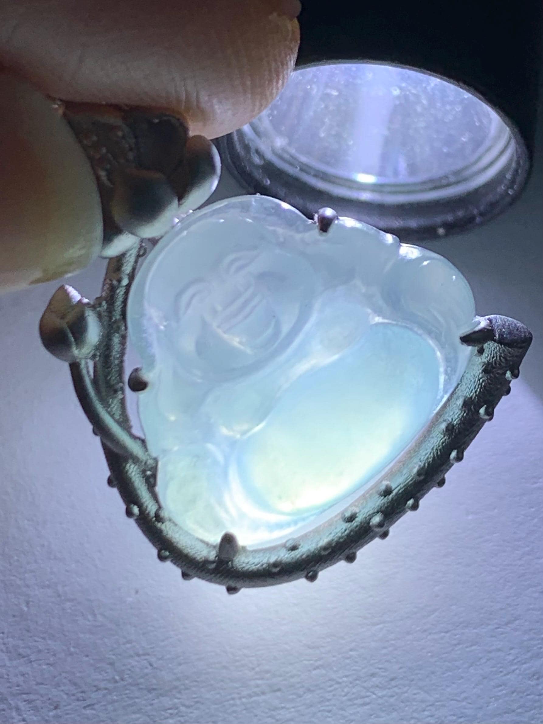 Certified Natural Burmese Icy Translucent Gelatinous White Sky Blue Marbled Jadeite Buddha Pendant Sterling Silver 天然缅甸老种冰胶天空蓝翡翠佛公镶嵌吊坠 8614